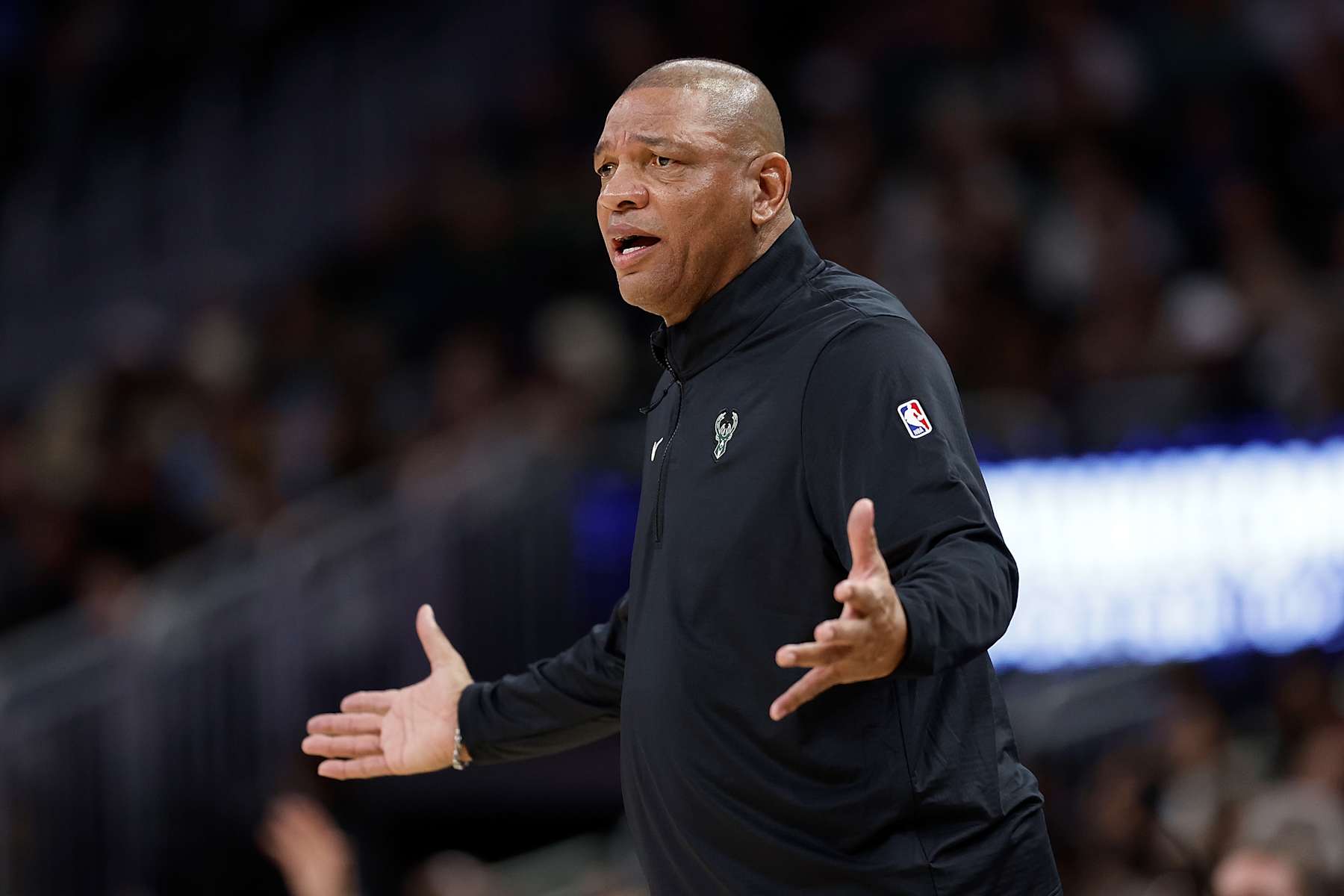 MILWAUKEE, WISCONSIN - JANUARY 04: Doc Rivers head coach of the Milwaukee Bucks during the first half of the game against the Portland Trail Blazers at Fiserv Forum on January 04, 2025 in Milwaukee, Wisconsin. NOTE TO USER: User expressly acknowledges and agrees that, by downloading and or using this photograph, User is consenting to the terms and conditions of the Getty Images License Agreement. (Photo by John Fisher/Getty Images)