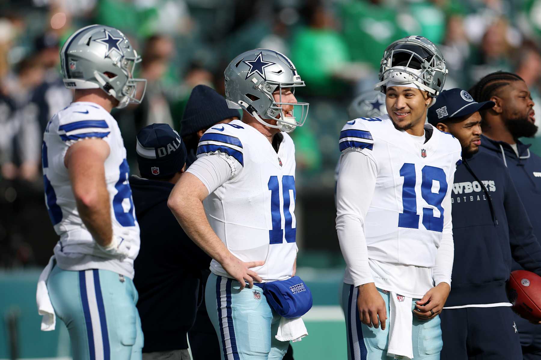 PHILADELPHIA, PENNSYLVANIA - DECEMBER 29: Cooper Rush #10 talks with Trey Lance #19 of the Dallas Cowboys before the game against the Philadelphia Eagles at Lincoln Financial Field on December 29, 2024 in Philadelphia, Pennsylvania. (Photo by Emilee Chinn/Getty Images)