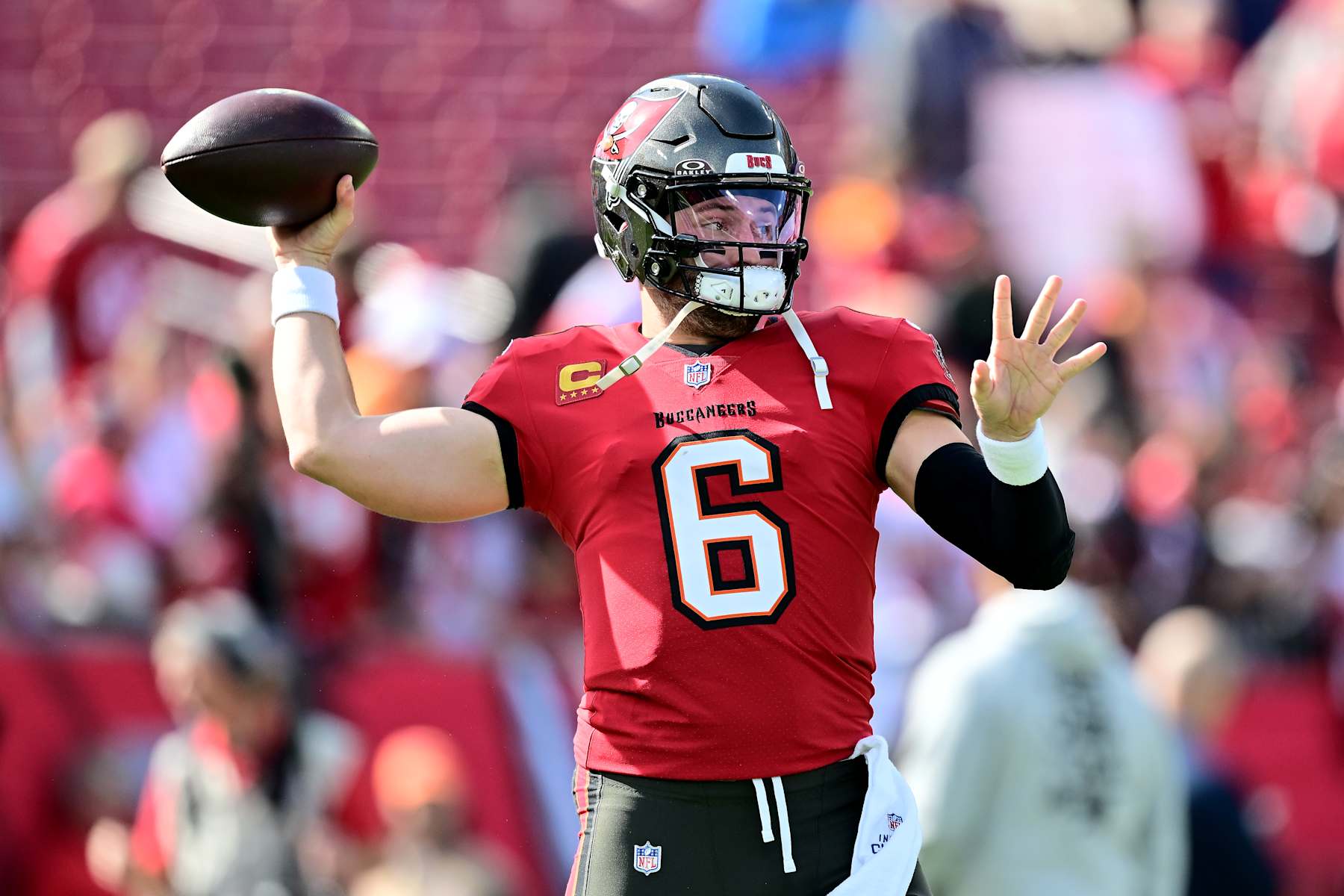 TAMPA, FLORIDA - JANUARY 05: Baker Mayfield #6 of the Tampa Bay Buccaneers warms up prior to the game against the New Orleans Saints at Raymond James Stadium on January 05, 2025 in Tampa, Florida. (Photo by Julio Aguilar/Getty Images)