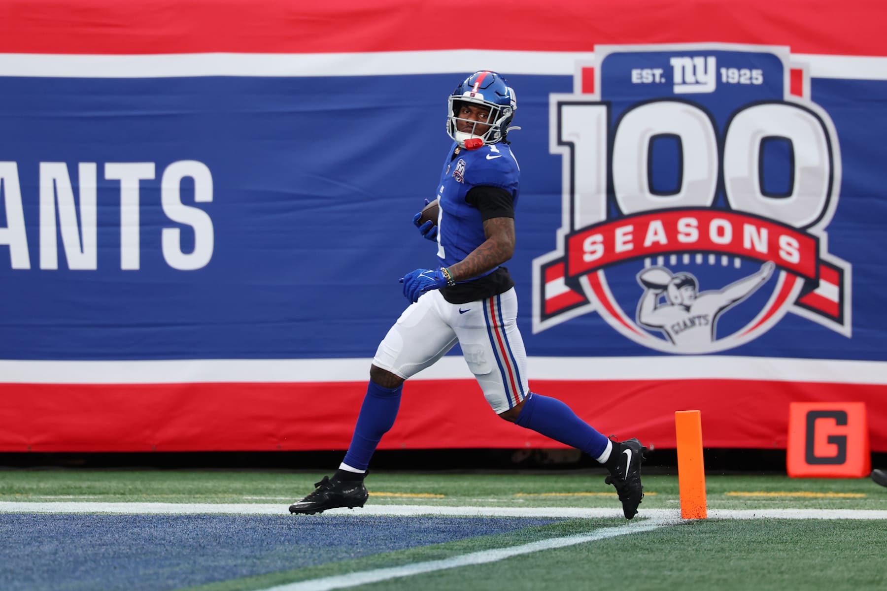 EAST RUTHERFORD, NEW JERSEY - DECEMBER 29: Malik Nabers #1 of the New York Giants scores a touchdown during the fourth quarter against the Indianapolis Colts at MetLife Stadium on December 29, 2024 in East Rutherford, New Jersey. (Photo by Ed Mulholland/Getty Images)