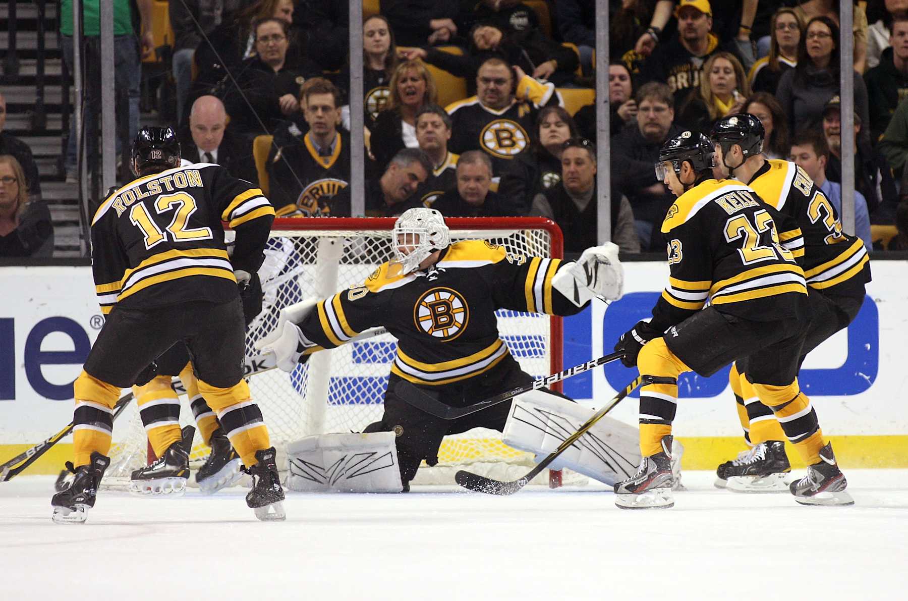 BOSTON, MA - MARCH 27: Tim Thomas #30 of the Boston Bruins makes a savea against the Tampa Bay Lightning at TD Garden on March 27, 2012 in Boston, Massachusetts. (Photo by Alex Trautwig/Getty Images)