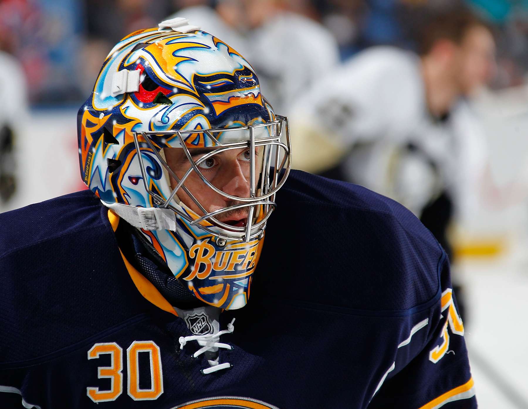 BUFFALO, NY - FEBRUARY 05: Ryan Miller #30 of the Buffalo Sabres warms up before playing the Pittsburgh Penguins on February 5, 2014 at the First Niagara Center in Buffalo, New York. (Photo by Bill Wippert/NHLI via Getty Images)