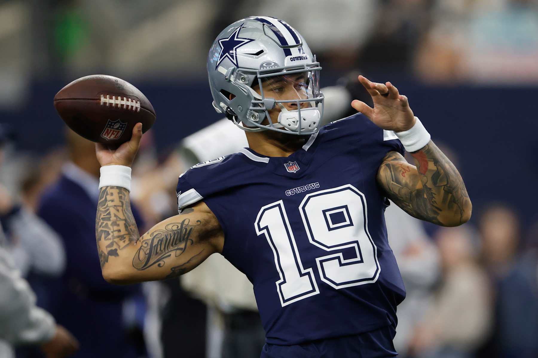 ARLINGTON, TEXAS - JANUARY 05: Trey Lance #19 of the Dallas Cowboys warms up prior to the game against the Washington Commanders at AT&T Stadium on January 05, 2025 in Arlington, Texas. (Photo by Ron Jenkins/Getty Images)