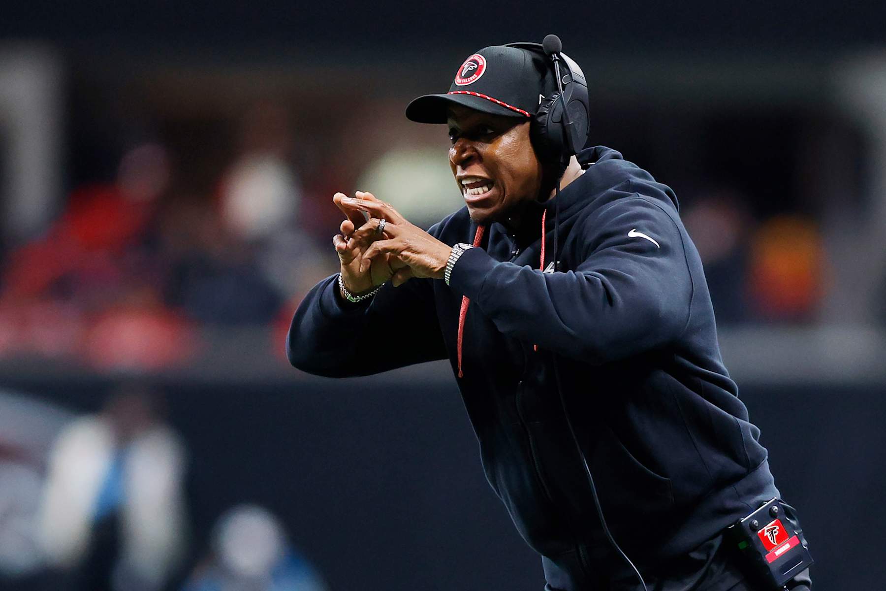 ATLANTA, GEORGIA - JANUARY 05: Head coach Raheem Morris of the Atlanta Falcons looks on during the second quarter against the Carolina Panthers at Mercedes-Benz Stadium on January 05, 2025 in Atlanta, Georgia. (Photo by Todd Kirkland/Getty Images)