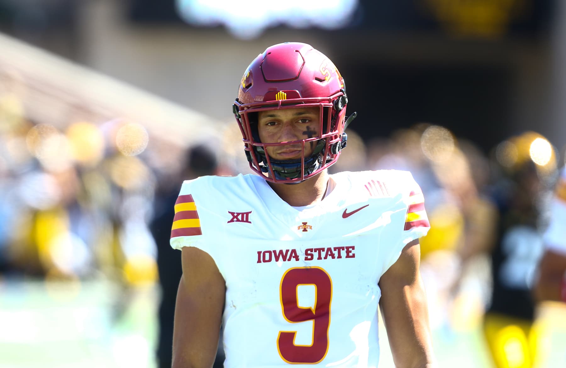 IOWA CITY, IOWA- SEPTEMBER 7:  Wide receiver Jayden Higgin #9 of the Iowa State Cyclones during warmups before the match-up against the Iowa Hawkeyes at Kinnick Stadium on September 7, 2024 in Iowa City, Iowa.  (Photo by Matthew Holst/Getty Images)
