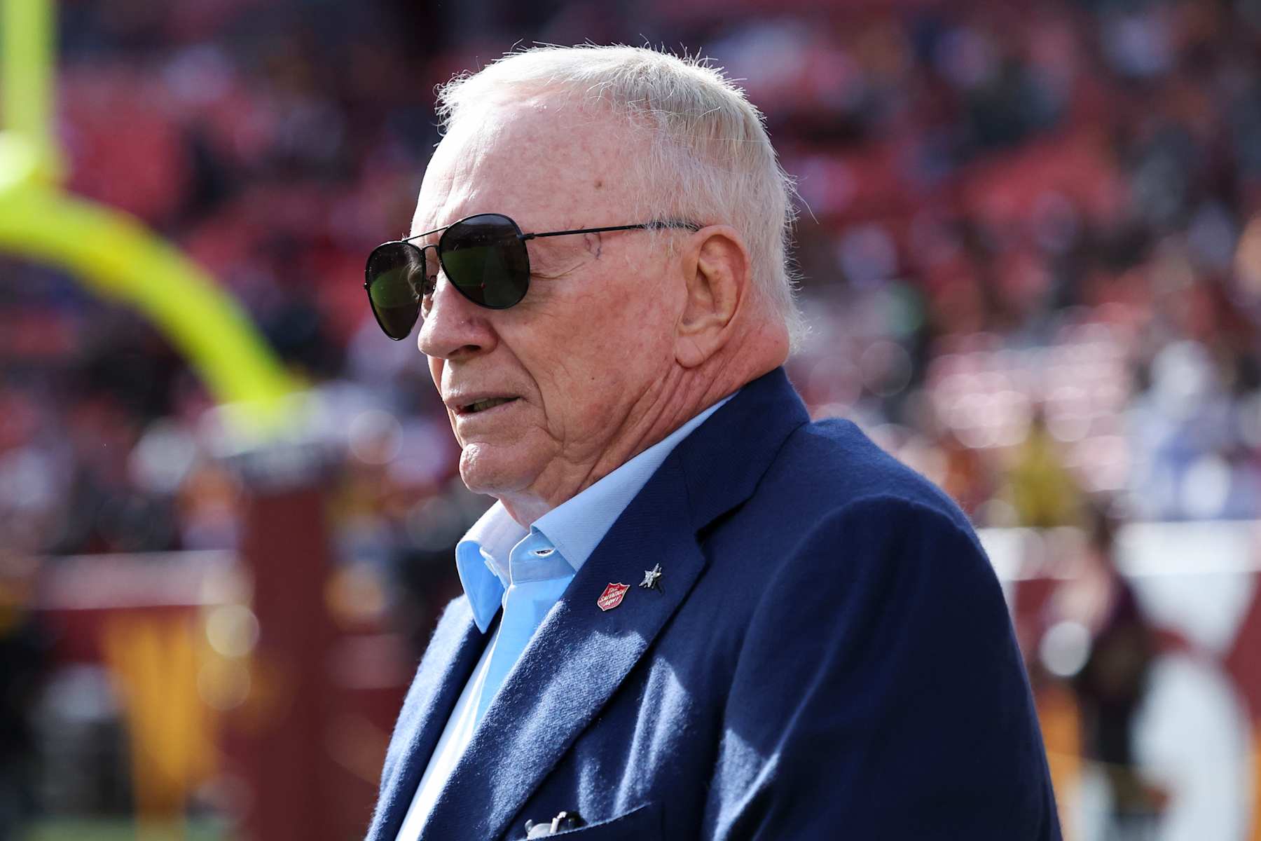 LANDOVER, MARYLAND - NOVEMBER 24: Jerry Jones, owner of the Dallas Cowboys, is seen on the field prior to a game against the Washington Commanders at Northwest Stadium on November 24, 2024 in Landover, Maryland. The Cowboys defeated the Commanders 34-26. (Kara Durrette/Getty Images)