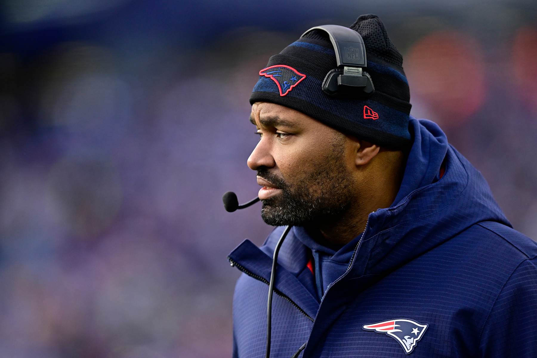 FOXBOROUGH, MASSACHUSETTS - JANUARY 05: Head coach Jerod Mayo of the New England Patriots looks on during the second half against the Buffalo Bills at Gillette Stadium on January 05, 2025 in Foxborough, Massachusetts. (Photo by Billie Weiss/Getty Images)