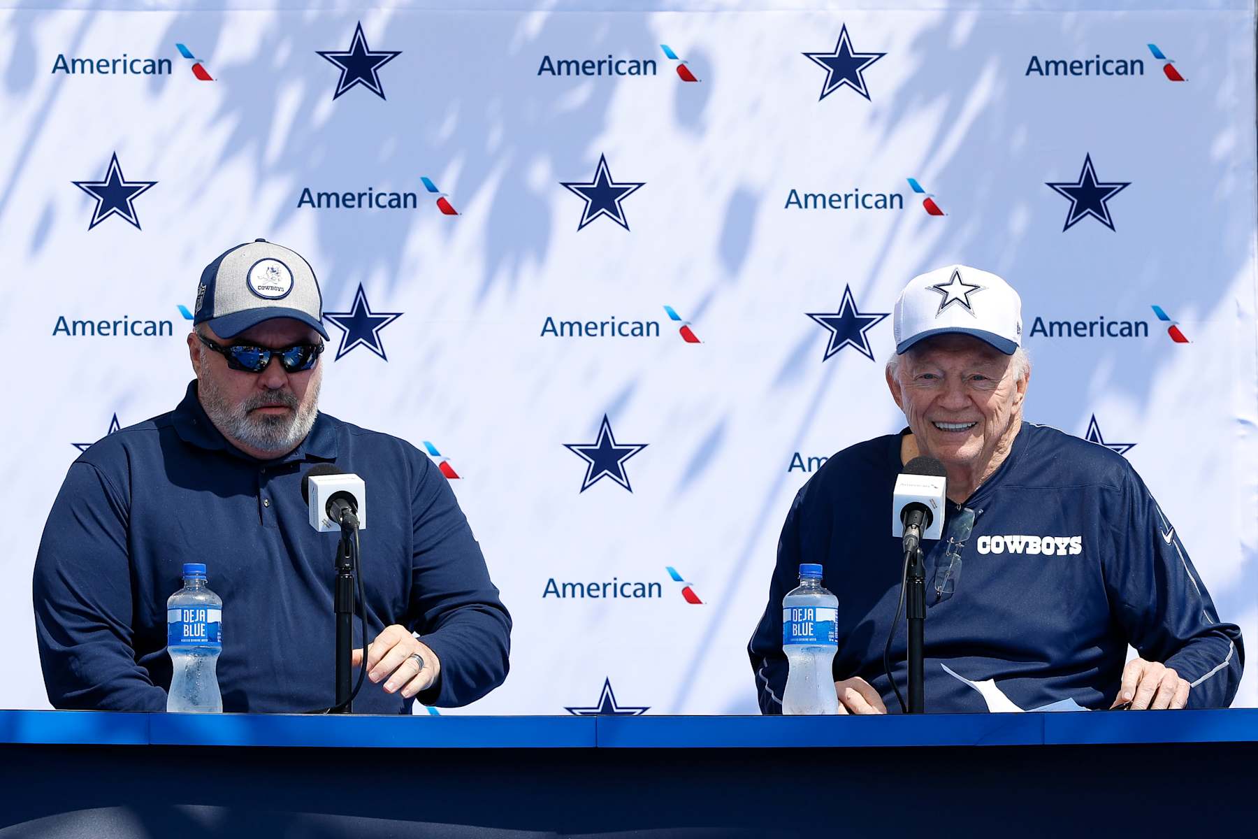 OXNARD, CA - JULY 25: Dallas Cowboys owner Jerry Jones and head coach Mike McCarthy talk to the media during the team's training camp at River Ridge Playing Fields on July 25, 2024 in Oxnard, CA. (Photo by Brandon Sloter/Icon Sportswire via Getty Images)