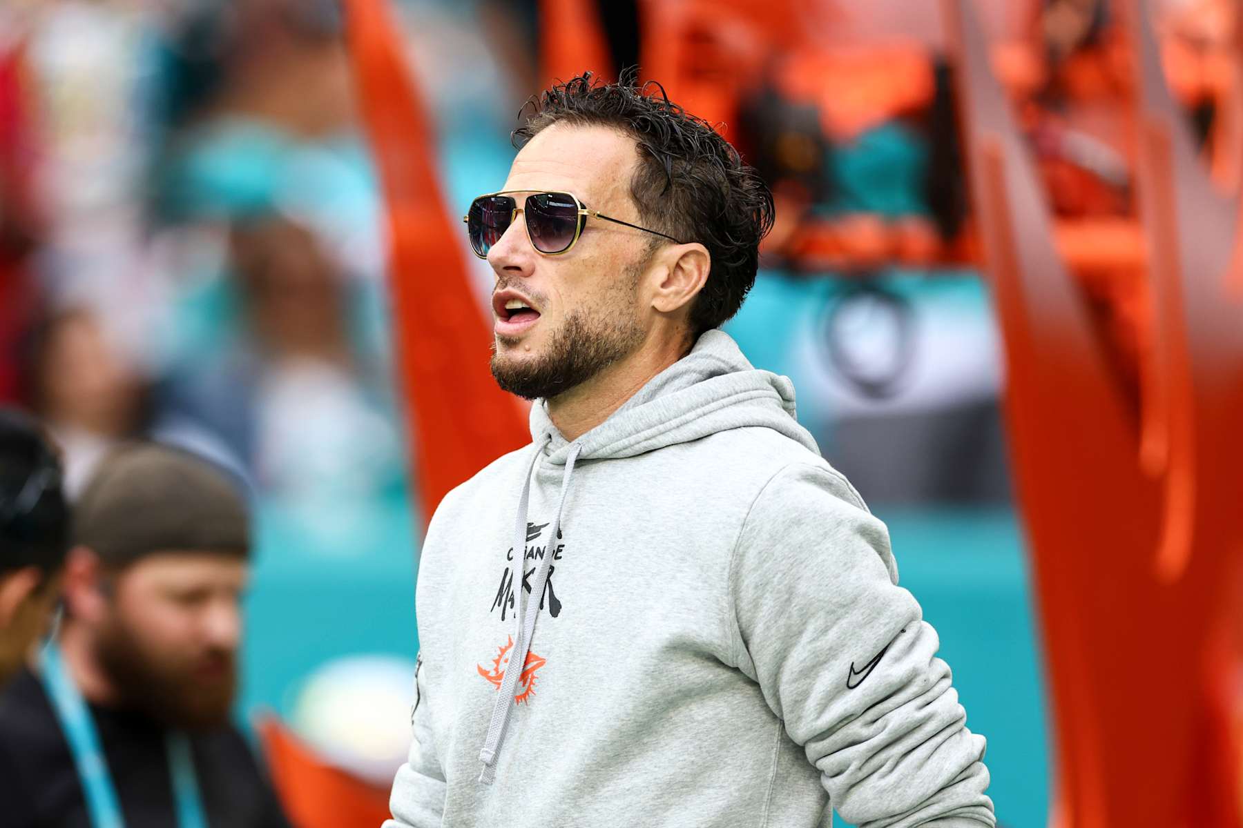 MIAMI GARDENS, FLORIDA - DECEMBER 22: Head coach Mike McDaniel of the Miami Dolphins looks on before an NFL football game against the San Francisco 49ers at Hard Rock Stadium on December 22, 2024 in Miami Gardens, Florida. (Photo by Kevin Sabitus/Getty Images)
