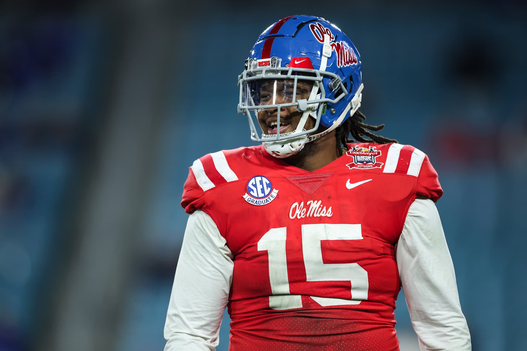 JACKSONVILLE, FLORIDA - JANUARY 02: Jared Ivey #15 of the Mississippi Rebels reacts during the second half of the TaxSlayer Gator Bowl against the Duke Blue Devils at EverBank Stadium on January 02, 2025 in Jacksonville, Florida. (Photo by James Gilbert/Getty Images)