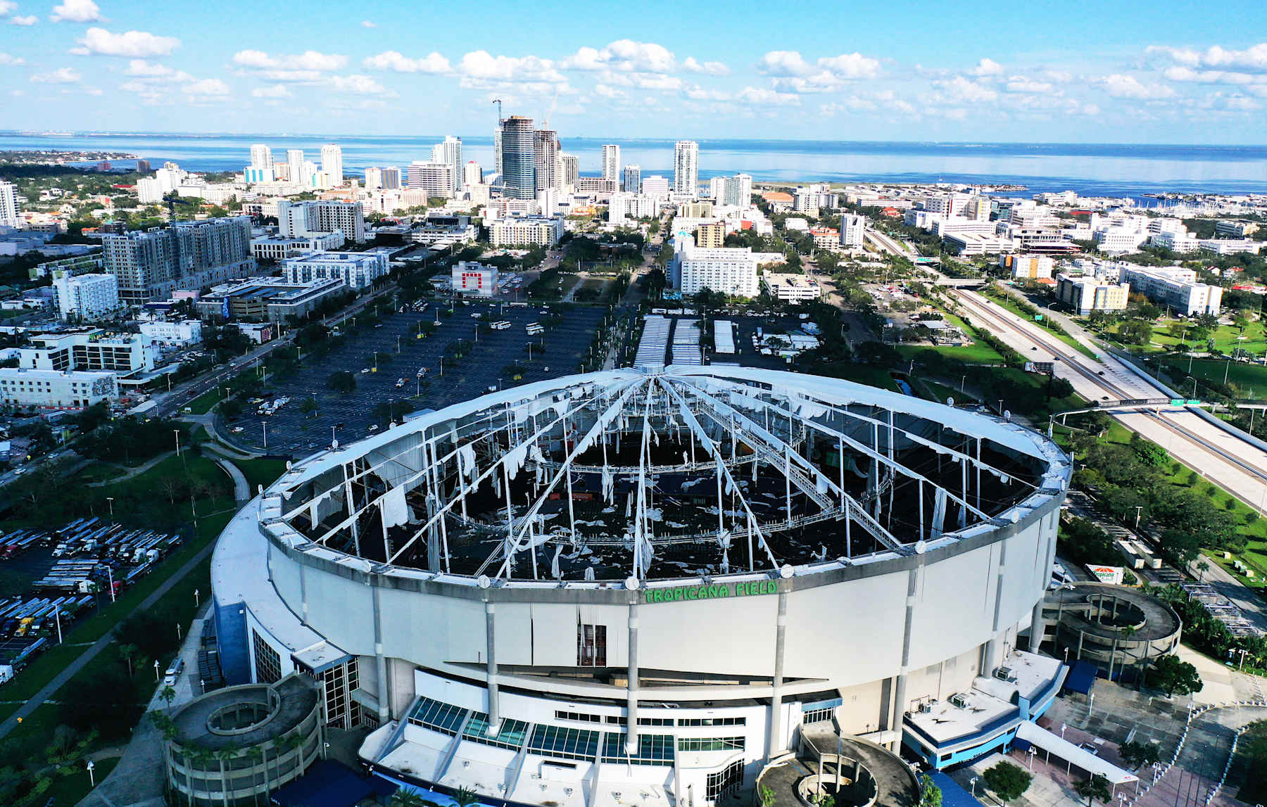 CHIMCHIME, ST  PETERSBURG, FLORIDA, UNITED STATES - 2024/10/13: (EDITORS NOTE: Image taken with drone) In this aerial view, the domed roof at Tropicana Field, the home of the Tampa Bay Rays, is seen ripped to shreds from Hurricane Miltonís powerful winds in St. Petersburg. The storm passed through the area on October 10, 2024, making landfall as a Category 3 hurricane in Siesta Key, Florida. (Photo by Paul Hennessy/SOPA Images/LightRocket via Getty Images)