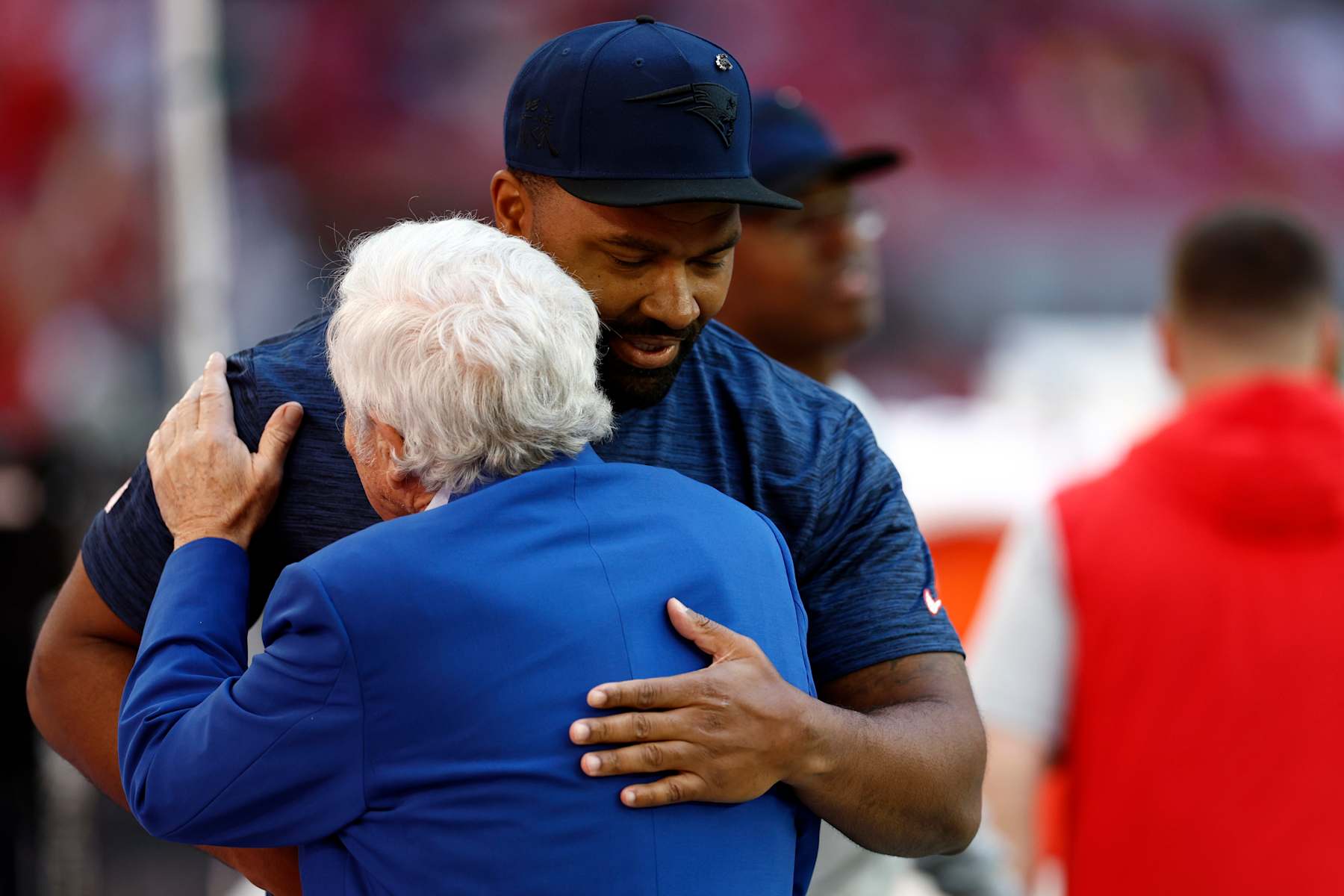 Glendale, AZ - December 15: New England Patriots head coach Jerod Mayo greets Patriots CEO Robert Kraft at State Farm Stadium. (Photo by Danielle Parhizkaran/The Boston Globe via Getty Images)