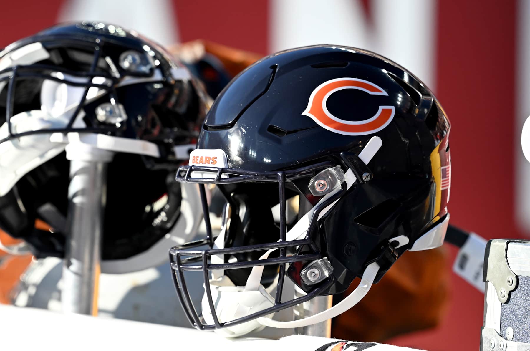 LANDOVER, MARYLAND - OCTOBER 27: A view of the Chicago Bears logo on a helmet before the game against the Washington Commanders at Northwest Stadium on October 27, 2024 in Landover, Maryland. (Photo by G Fiume/Getty Images)