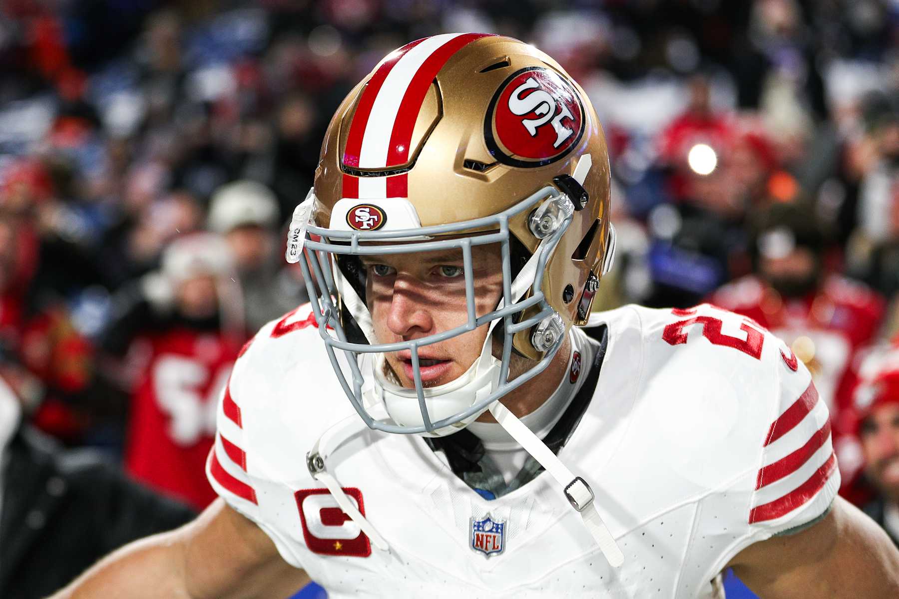 ORCHARD PARK, NEW YORK - DECEMBER 01: Christian McCaffrey #23 of the San Francisco 49ers looks on prior to a game against the Buffalo Bills at Highmark Stadium on December 01, 2024 in Orchard Park, New York. (Photo by Bryan Bennett/Getty Images)