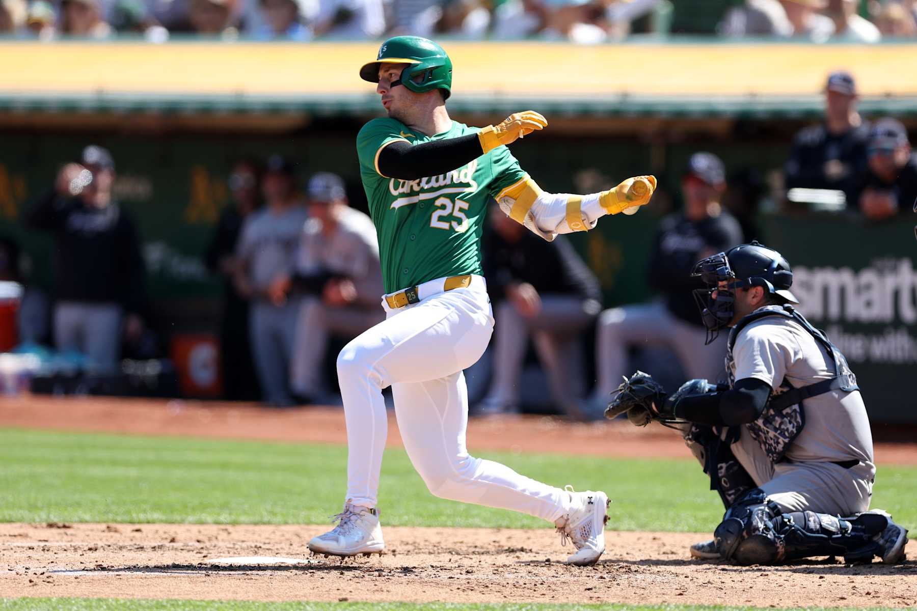 OAKLAND, CA - SEPTEMBER 22:  Brent Rooker #25 of the Oakland Athletics bats during the game against the New York Yankees at the Oakland Coliseum on September 22, 2024 in Oakland California. The Yankees defeated the Athletics 7-4. (Photo by Rob Leiter/MLB Photos via Getty Images)