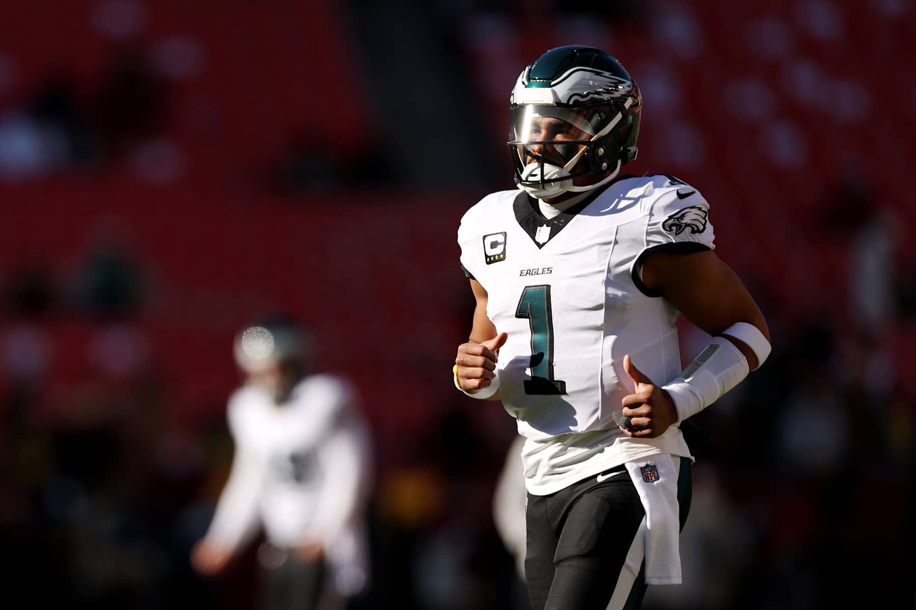 LANDOVER, MARYLAND - DECEMBER 22: Jalen Hurts #1 of the Philadelphia Eagles warms up prior to the game against the Washington Commanders at Northwest Stadium on December 22, 2024 in Landover, Maryland. (Photo by Scott Taetsch/Getty Images) LANDOVER, MARYLAND - DECEMBER 22: Jalen Hurts #1 of the Philadelphia Eagles warms up prior to the game against the Washington Commanders at Northwest Stadium on December 22, 2024 in Landover, Maryland. (Photo by Scott Taetsch/Getty Images)