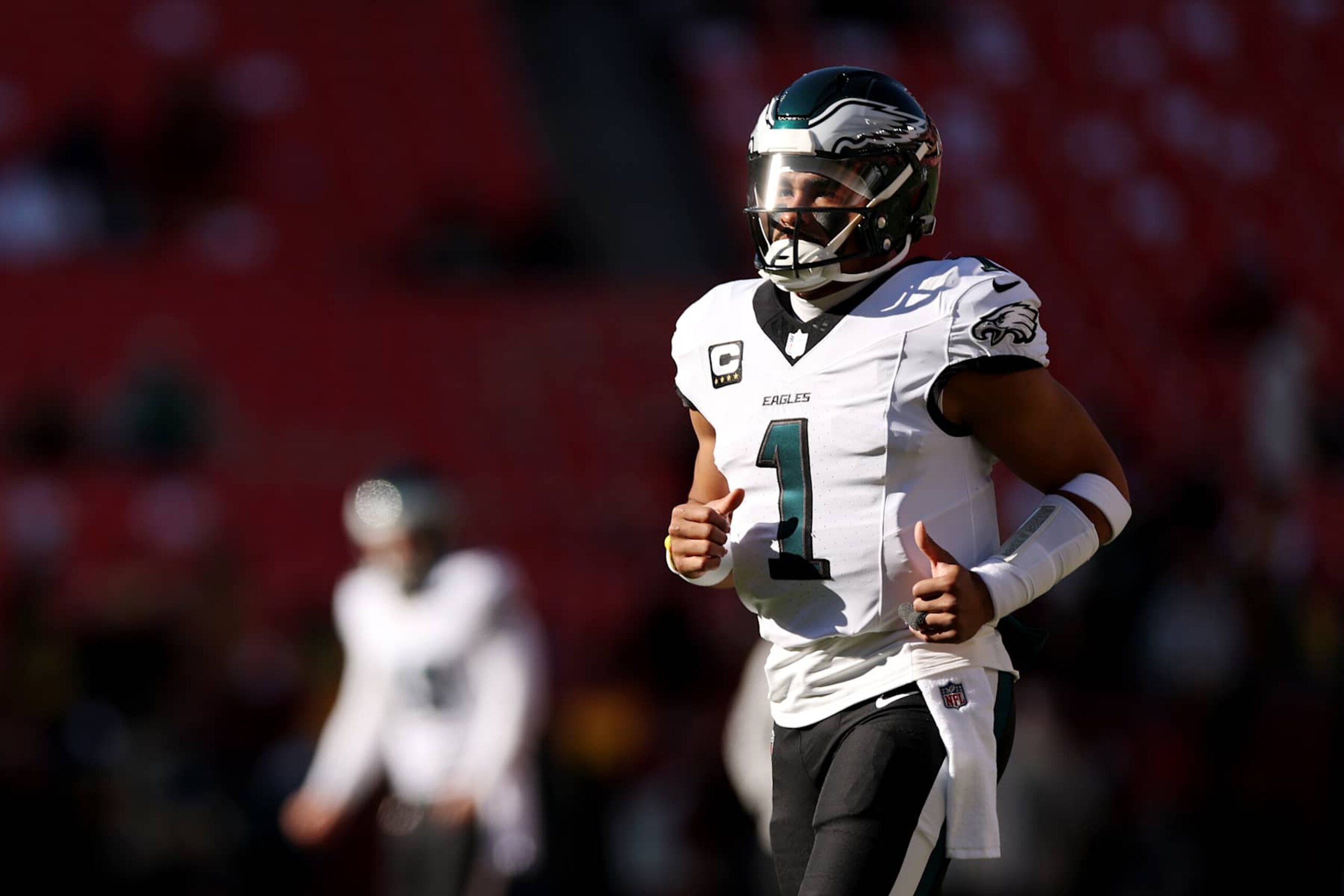 LANDOVER, MARYLAND - DECEMBER 22: Jalen Hurts #1 of the Philadelphia Eagles warms up prior to the game against the Washington Commanders at Northwest Stadium on December 22, 2024 in Landover, Maryland. (Photo by Scott Taetsch/Getty Images) LANDOVER, MARYLAND - DECEMBER 22: Jalen Hurts #1 of the Philadelphia Eagles warms up prior to the game against the Washington Commanders at Northwest Stadium on December 22, 2024 in Landover, Maryland. (Photo by Scott Taetsch/Getty Images)