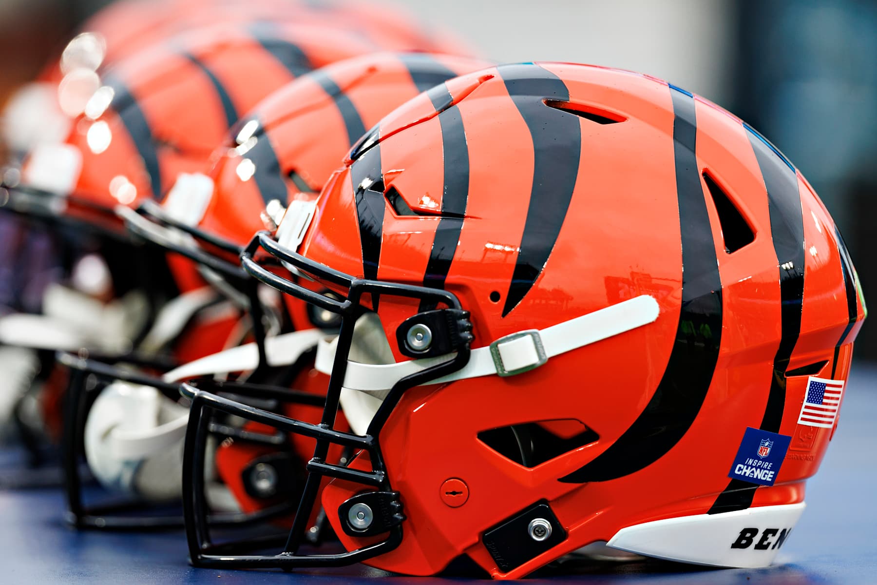 NASHVILLE, TENNESSEE - DECEMBER 15: Helmets of the Cincinnati Bengals on the sidelines before a game against the Tennessee Titans at Nissan Stadium on December 15, 2024 in Nashville, Tennessee. The Bengals defeated the Titans 37-27.  (Photo by Wesley Hitt/Getty Images)
