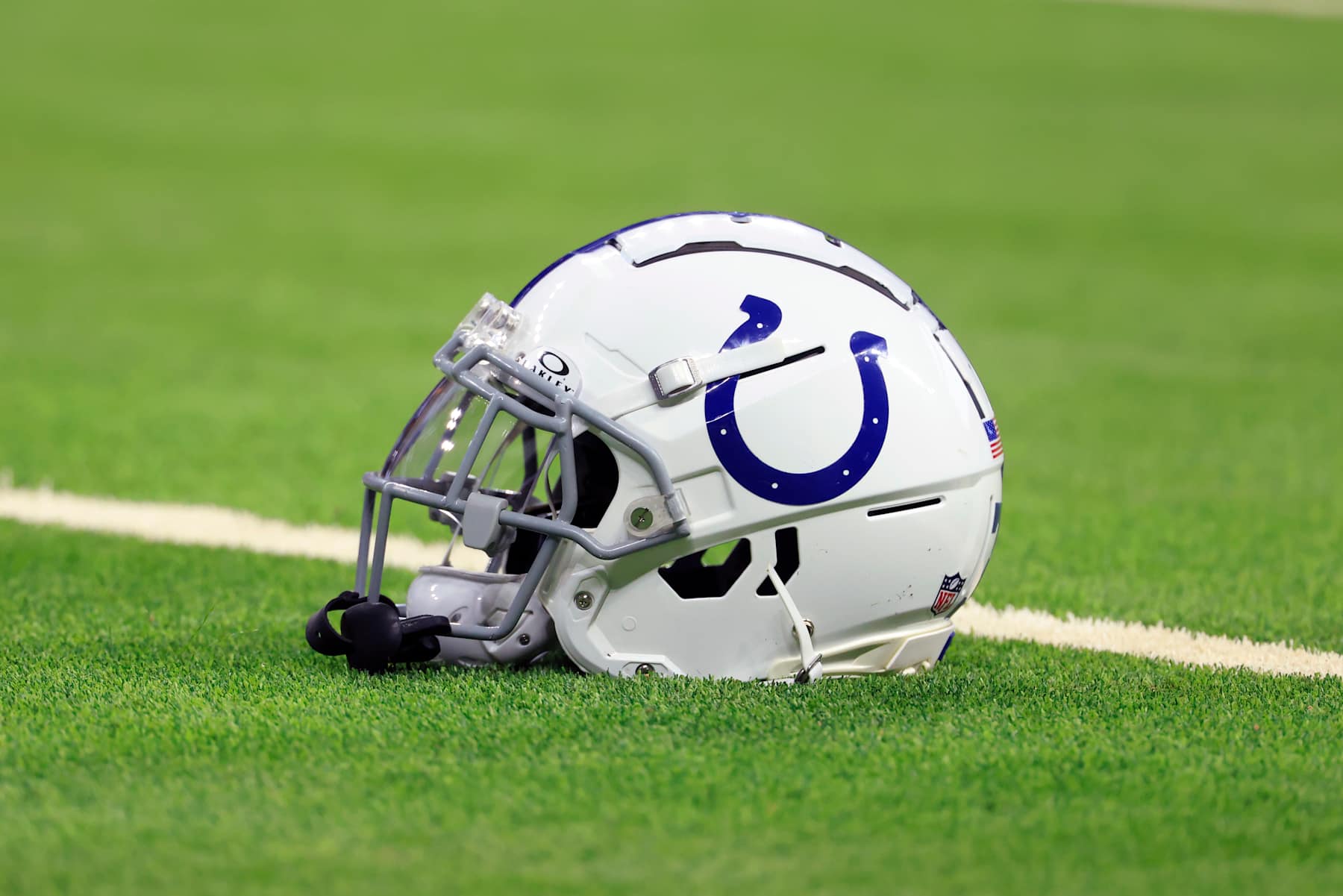 INDIANAPOLIS, INDIANA - JANUARY 05: A Indianapolis Colts helmet is seen on the field prior to the game against the Jacksonville Jaguars at Lucas Oil Stadium on January 05, 2025 in Indianapolis, Indiana. (Photo by Justin Casterline/Getty Images)