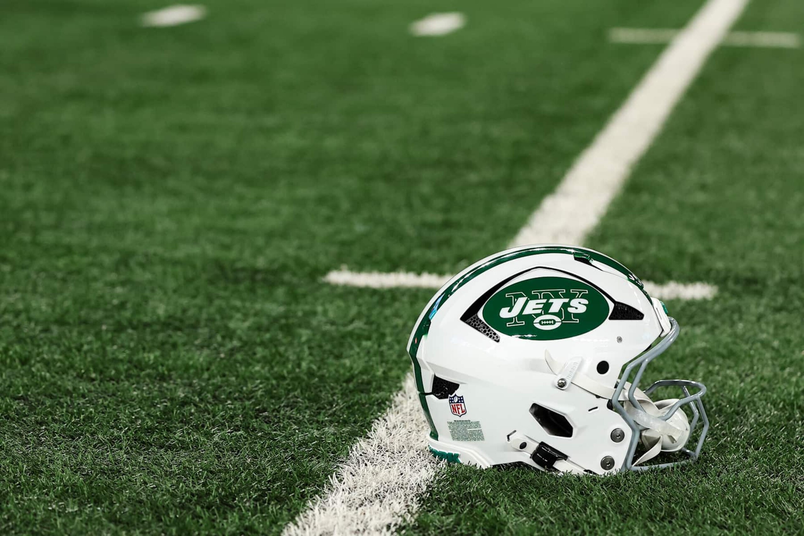 EAST RUTHERFORD, NJ - OCTOBER 14:  Detail view of an New York Jets helmet prior to an NFL football game between the Buffalo Bills and the New York Jets at MetLife Stadium on October 14, 2024 in East Rutherford, NJ. (Photo by Perry Knotts/Getty Images)