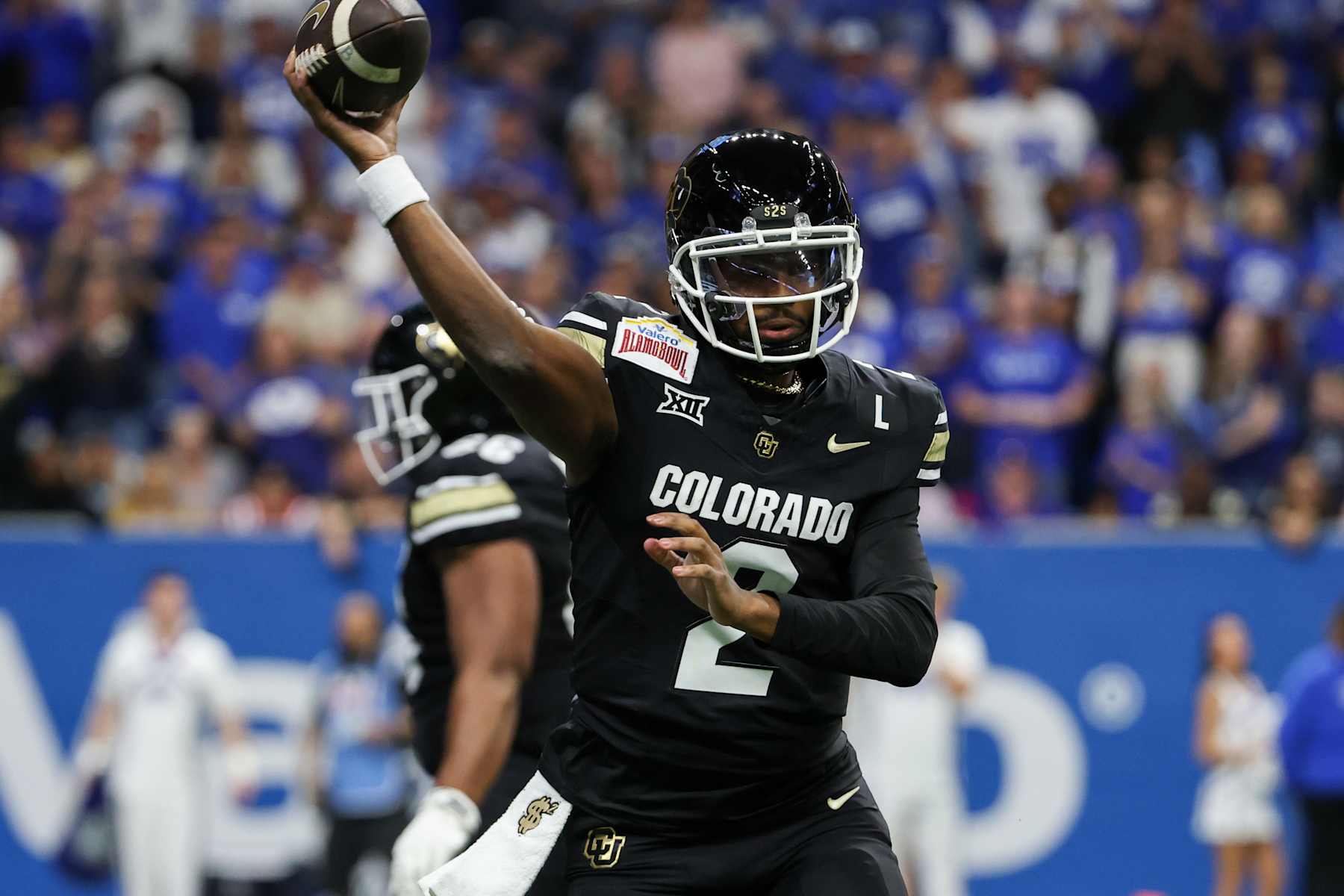 SAN ANTONIO, TX - DECEMBER 28: Colorado Buffaloes quarterback Shedeur Sanders (2) passes the ball during the football game between BYU Cougars and Colorado Buffalos on December 28, 2024, at the Alamodome in San Antonio, Texas. (Photo by David Buono/Icon Sportswire via Getty Images)
