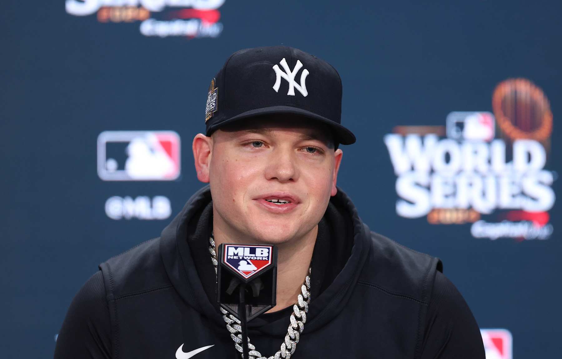 NEW YORK, NEW YORK - OCTOBER 30: Alex Verdugo #24 of the New York Yankees speaks to the media during a press conference prior to playing the Los Angeles Dodgers during Game Five of the 2024 World Series at Yankee Stadium on October 30, 2024 in New York City. (Photo by Luke Hales/Getty Images)