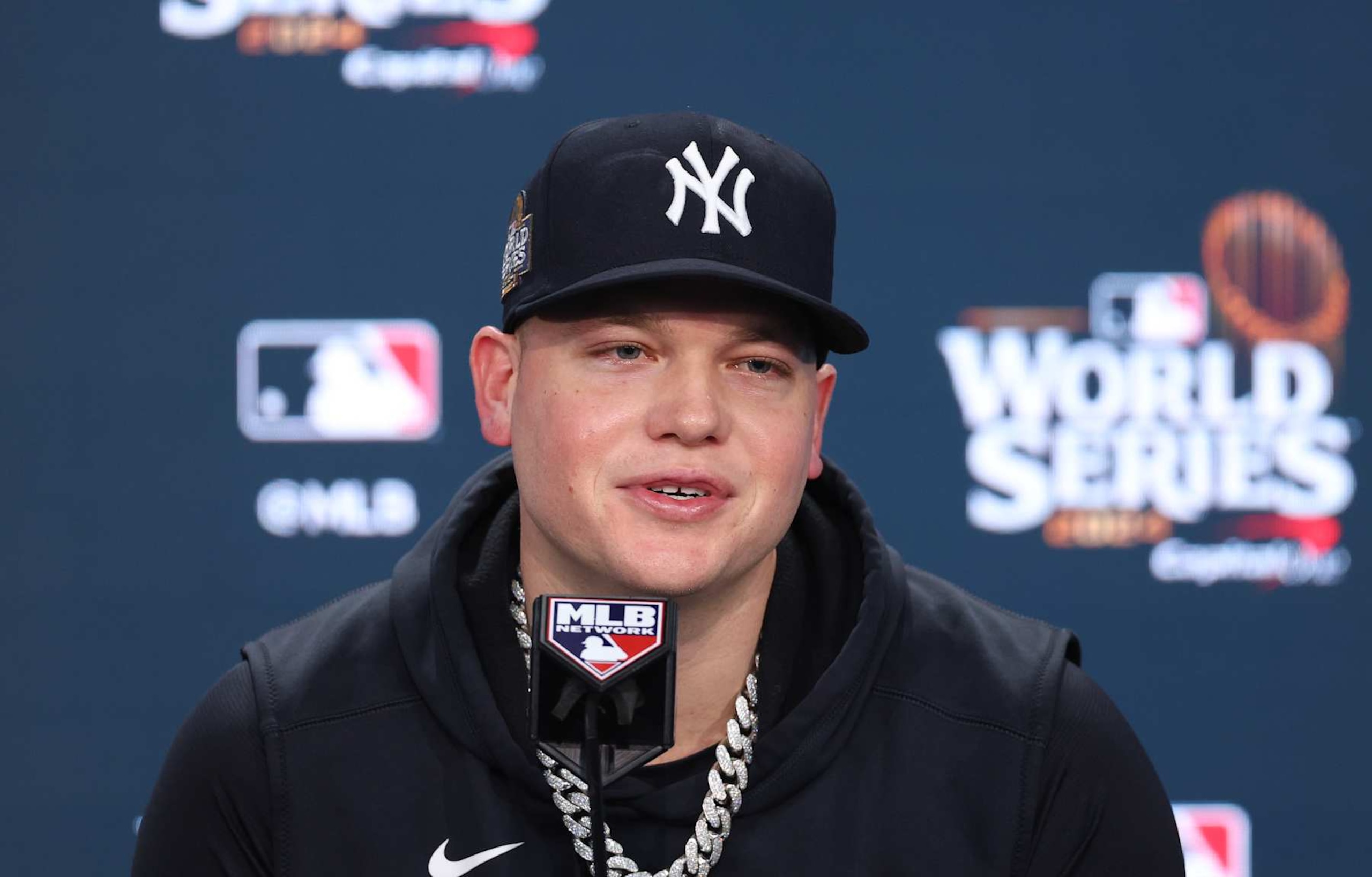 NEW YORK, NEW YORK - OCTOBER 30: Alex Verdugo #24 of the New York Yankees speaks to the media during a press conference prior to playing the Los Angeles Dodgers during Game Five of the 2024 World Series at Yankee Stadium on October 30, 2024 in New York City. (Photo by Luke Hales/Getty Images)