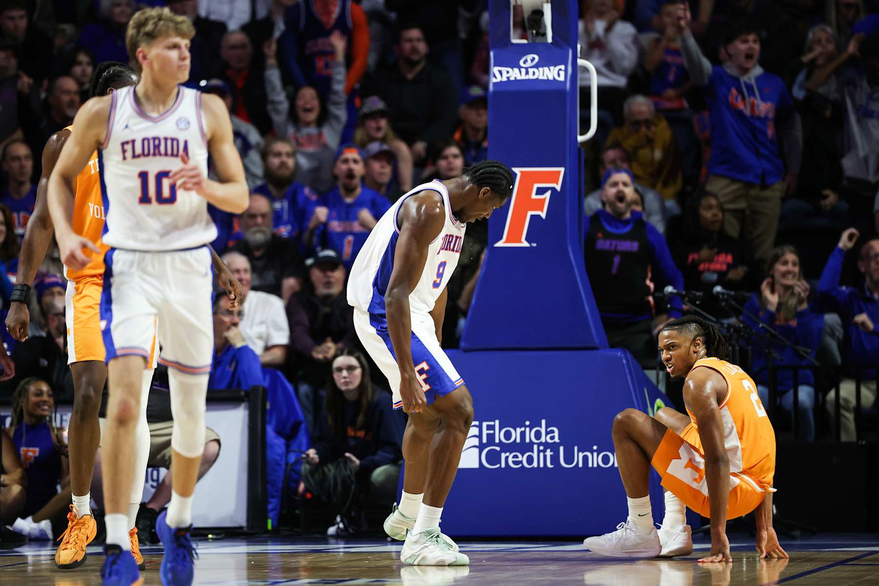 GAINESVILLE, FLORIDA - JANUARY 07: Rueben Chinyelu #9 of the Florida Gators reacts after blocking a shot by Chaz Lanier #2 of the Tennessee Volunteers during the first half of a game at Stephen C. O'Connell Center on January 07, 2025 in Gainesville, Florida. (Photo by James Gilbert/Getty Images)