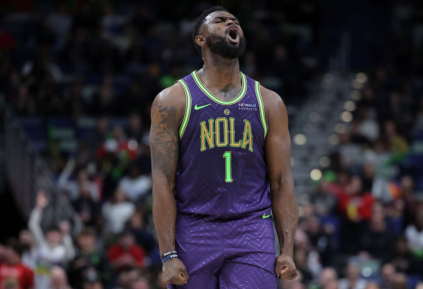 NEW ORLEANS, LOUISIANA - JANUARY 07: Zion Williamson #1 of the New Orleans Pelicans reacts during the first half against the Minnesota Timberwolves at the Smoothie King Center on January 07, 2025 in New Orleans, Louisiana. NOTE TO USER: User expressly acknowledges and agrees that, by downloading and or using this Photograph, user is consenting to the terms and conditions of the Getty Images License Agreement. (Photo by Jonathan Bachman/Getty Images)