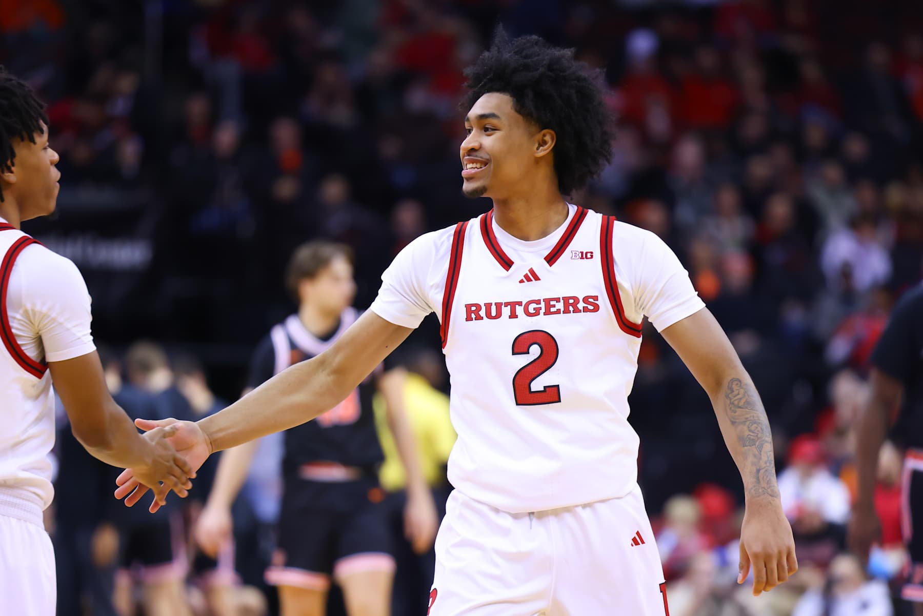 NEWARK, NJ - DECEMBER 21:  Dylan Harper #2 of the Rutgers Scarlet Knights prior to the Never Forget Tribute Classic game against the Princeton Tigers on December 21, 2024 at the Prudential Center in Newark, New Jersey.  (Photo by Rich Graessle/Icon Sportswire via Getty Images)