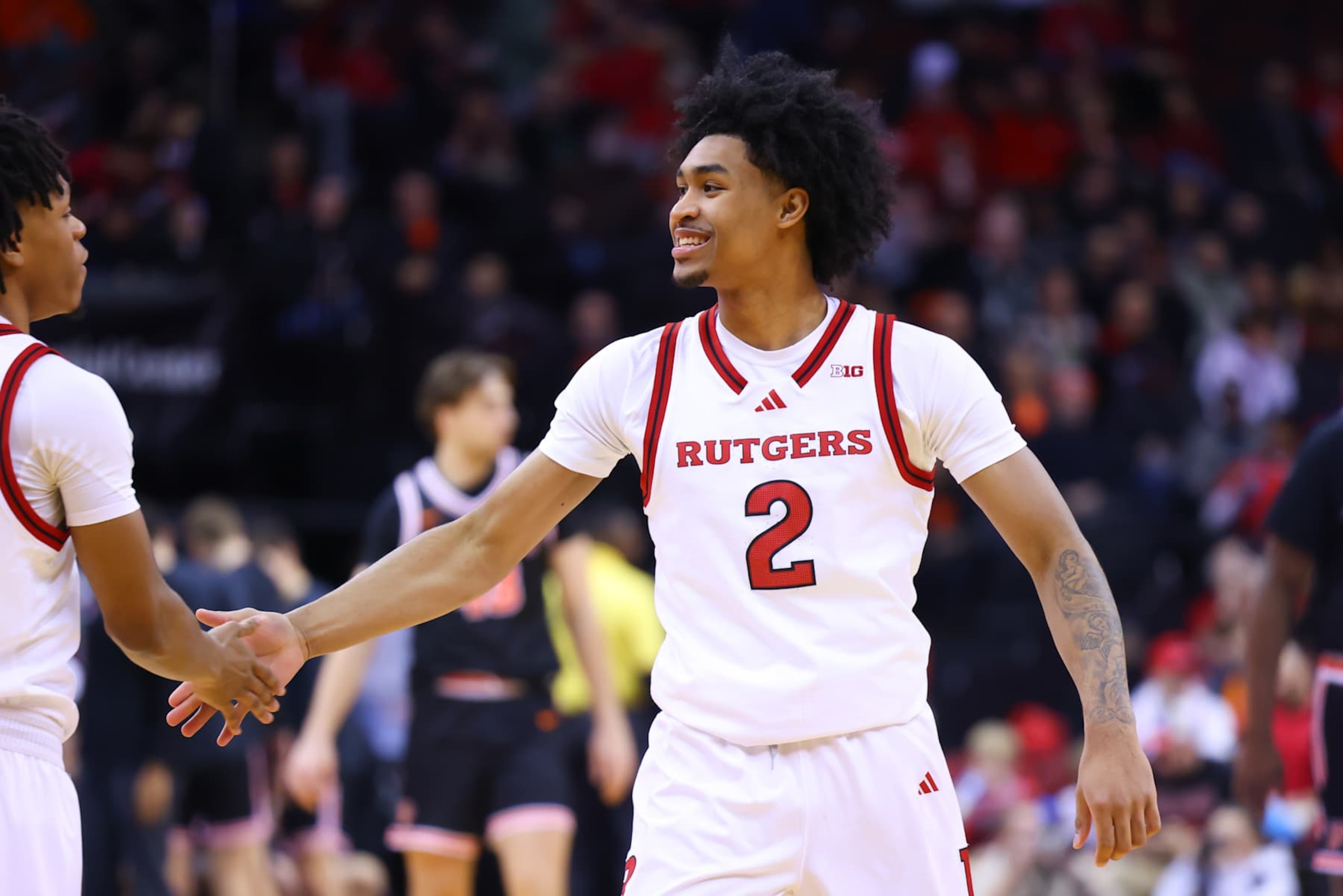 NEWARK, NJ - DECEMBER 21:  Dylan Harper #2 of the Rutgers Scarlet Knights prior to the Never Forget Tribute Classic game against the Princeton Tigers on December 21, 2024 at the Prudential Center in Newark, New Jersey.  (Photo by Rich Graessle/Icon Sportswire via Getty Images)