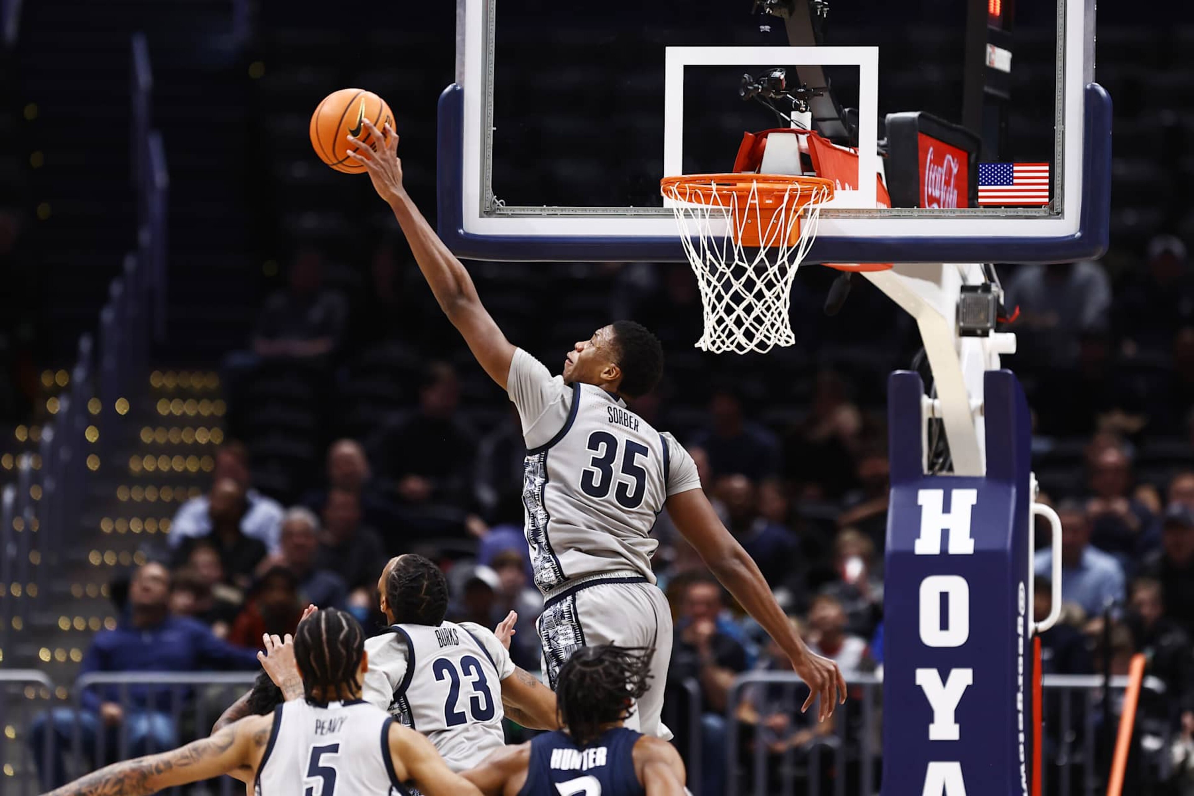 WASHINGTON, DC - JANUARY 03: Thomas Sorber #35 of the Georgetown Hoyas blocks a shot during the first half against the Xavier Musketeers at Capital One Arena on January 03, 2025 in Washington, DC. (Photo by Timothy Nwachukwu/Getty Images) WASHINGTON, DC - JANUARY 03: Thomas Sorber #35 of the Georgetown Hoyas blocks a shot during the first half against the Xavier Musketeers at Capital One Arena on January 03, 2025 in Washington, DC. (Photo by Timothy Nwachukwu/Getty Images)
