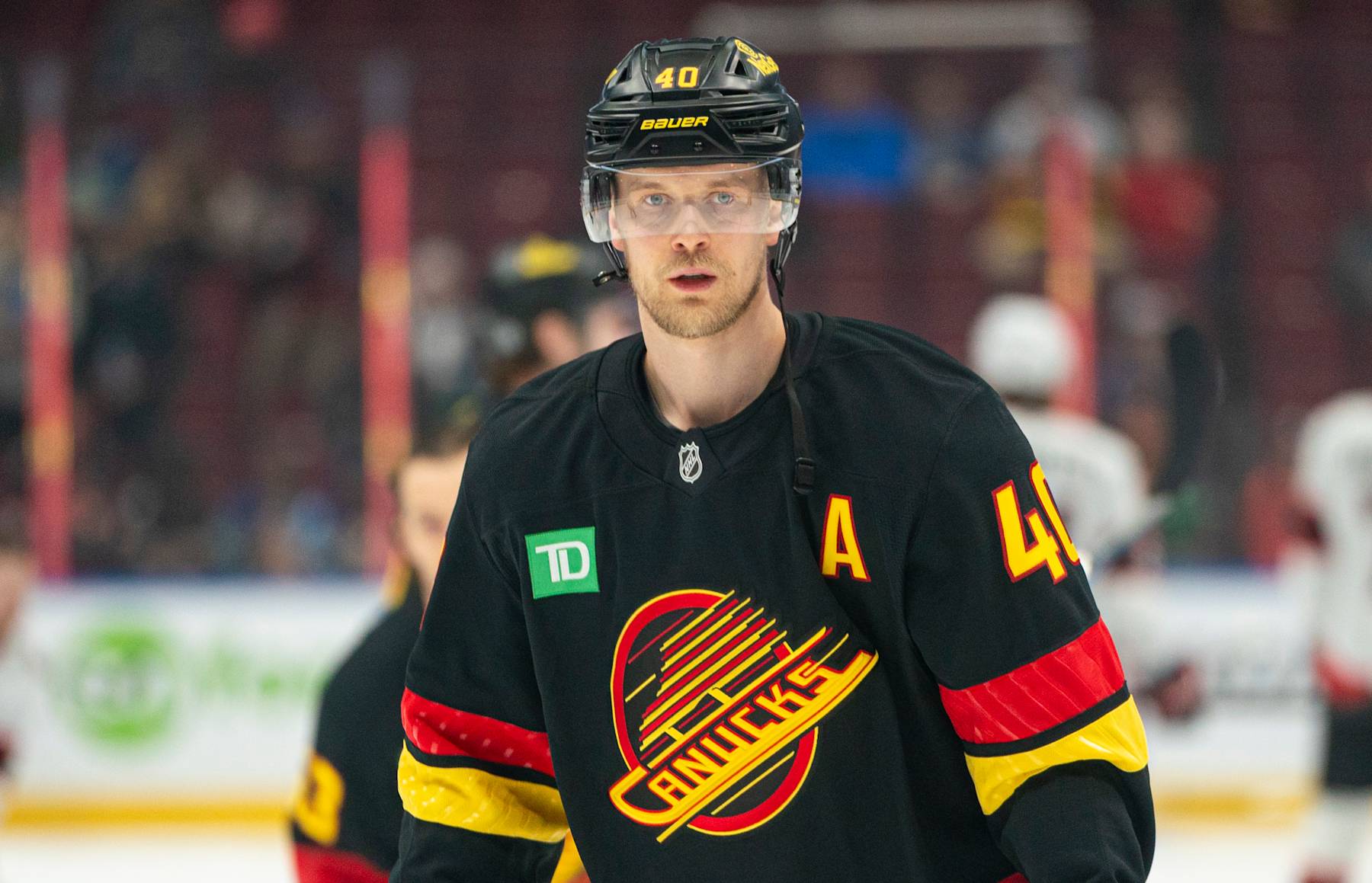 VANCOUVER, CANADA - DECEMBER 21: Elias Pettersson #40 of the Vancouver Canucks during the pre-game warm up prior to the start of NHL action against the Ottawa Senators on December, 21, 2024 at Rogers Arena in Vancouver, British Columbia, Canada. (Photo by Rich Lam/Getty Images)