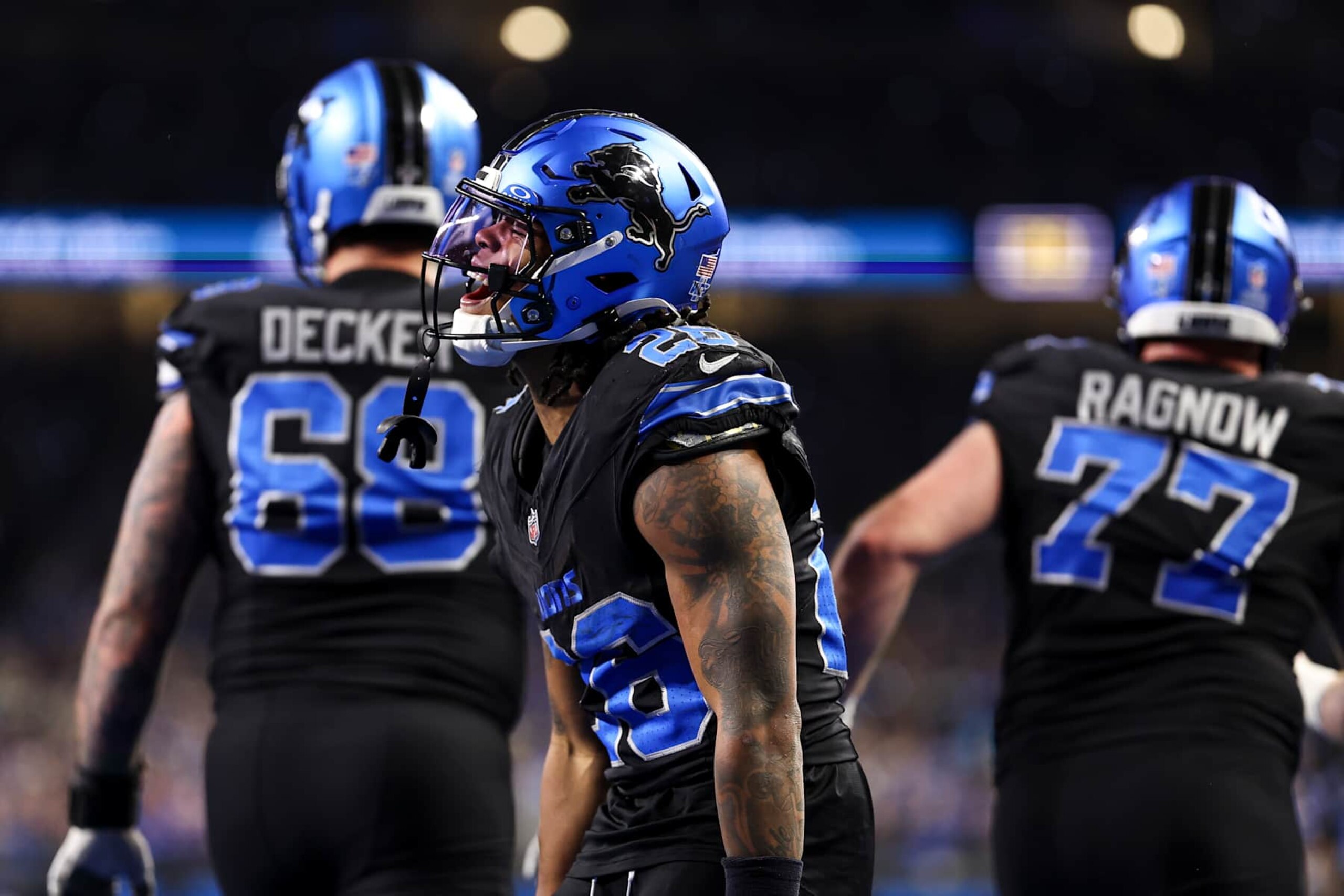 DETROIT, MICHIGAN - JANUARY 5: Jahmyr Gibbs #26 of the Detroit Lions celebrates after scoring a touchdown during the second half of an NFL football game against the Minnesota Vikings at Ford Field on January 5, 2025 in Detroit, Michigan. (Photo by Kevin Sabitus/Getty Images) DETROIT, MICHIGAN - JANUARY 5: Jahmyr Gibbs #26 of the Detroit Lions celebrates after scoring a touchdown during the second half of an NFL football game against the Minnesota Vikings at Ford Field on January 5, 2025 in Detroit, Michigan. (Photo by Kevin Sabitus/Getty Images)