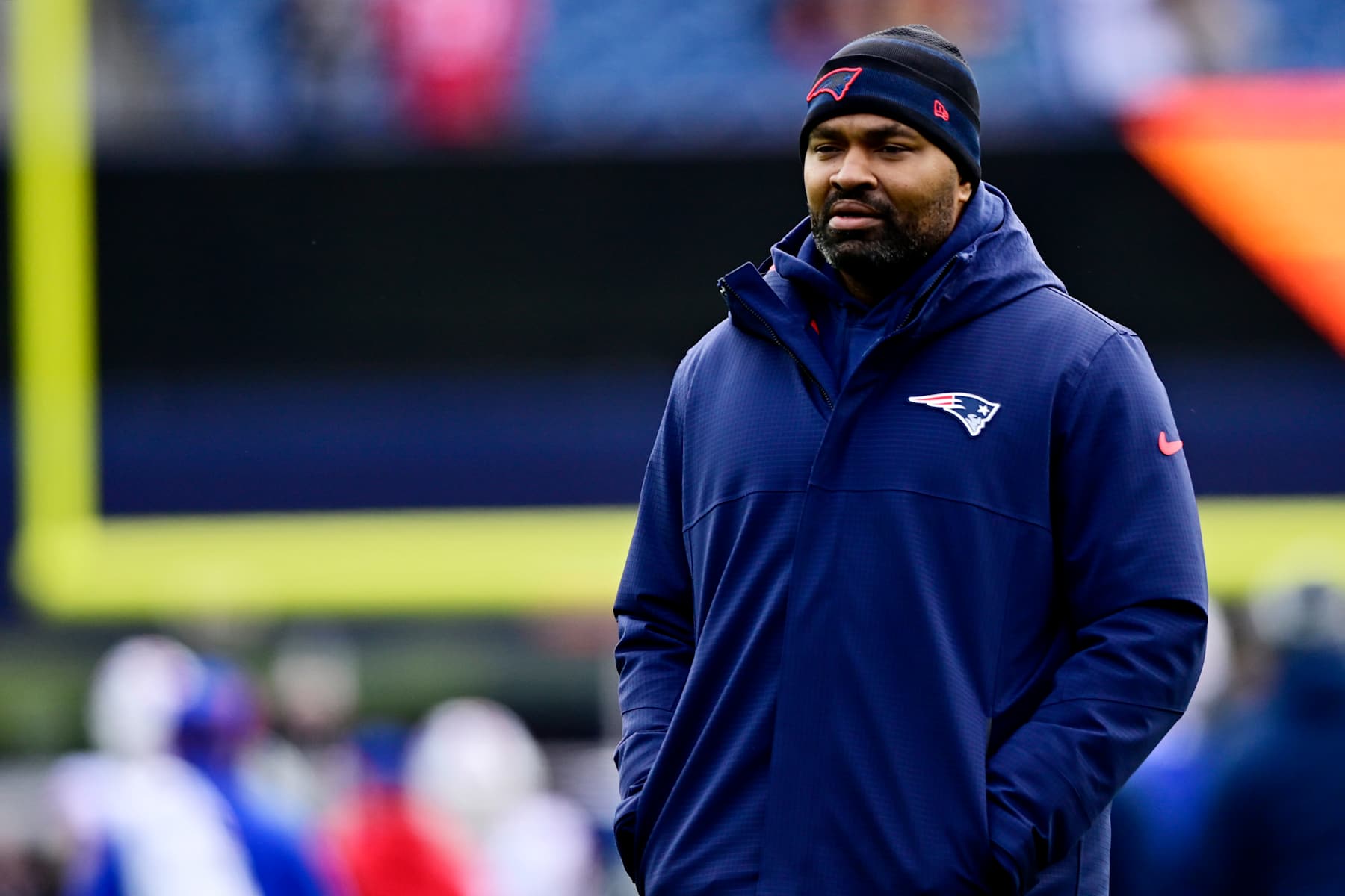 FOXBOROUGH, MASSACHUSETTS - JANUARY 05: Head coach Jerod Mayo of the New England Patriots looks on before the game against the Buffalo Bills at Gillette Stadium on January 05, 2025 in Foxborough, Massachusetts. (Photo by Billie Weiss/Getty Images)