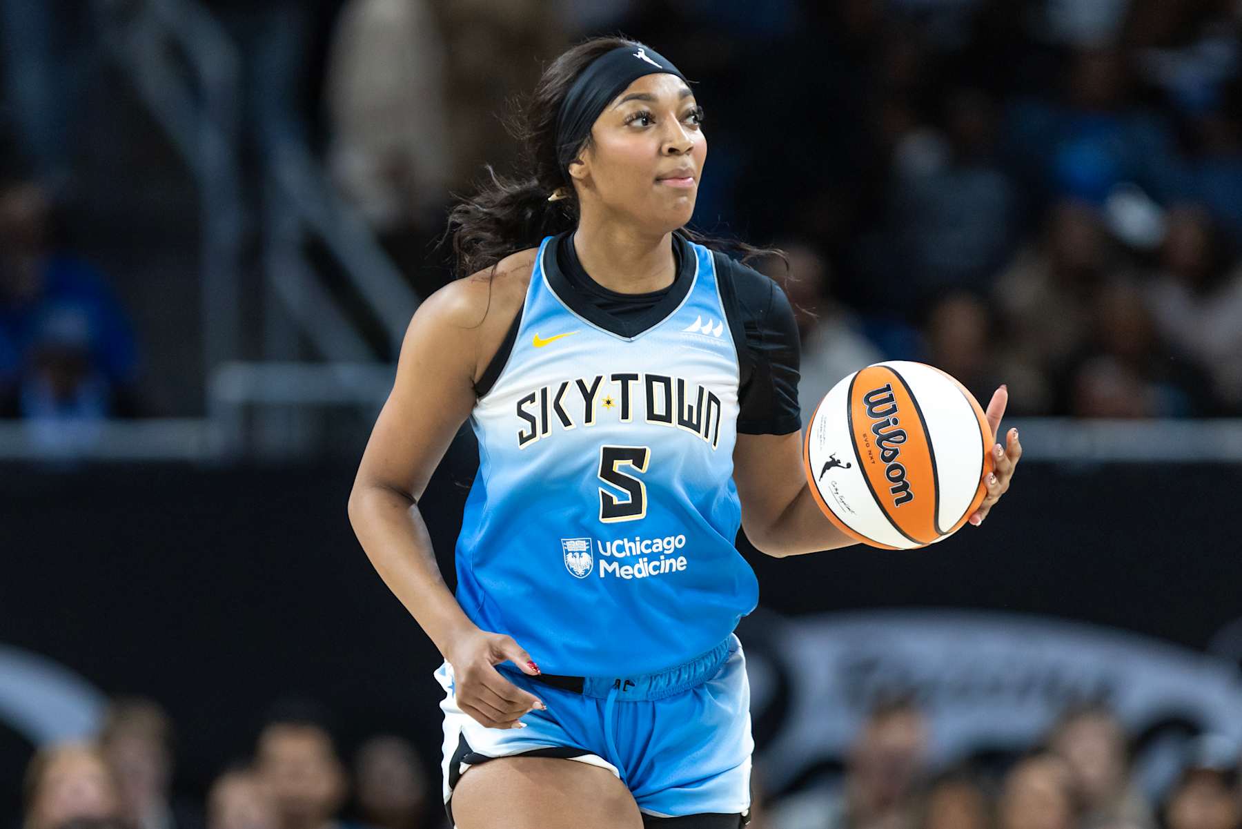 CHICAGO, ILLINOIS - SEPTEMBER 6: Angel Reese #5 of the Chicago Sky dribbles down the court against the Los Angeles Sparks during the first quarter at Wintrust Arena on September 6, 2024 in Chicago, Illinois. NOTE TO USER: User expressly acknowledges and agrees that, by downloading and or using this photograph, User is consenting to the terms and conditions of the Getty Images License Agreement. (Photo by Geoff Stellfox/Getty Images)