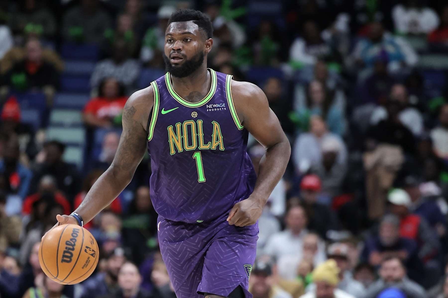 NEW ORLEANS, LOUISIANA - JANUARY 07: Zion Williamson #1 of the New Orleans Pelicans drives with the ball against the Minnesota Timberwolves during a game at the Smoothie King Center on January 07, 2025 in New Orleans, Louisiana. NOTE TO USER: User expressly acknowledges and agrees that, by downloading and or using this Photograph, user is consenting to the terms and conditions of the Getty Images License Agreement. (Photo by Jonathan Bachman/Getty Images)
