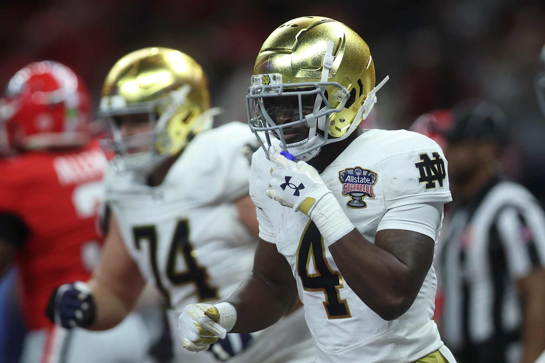 NEW ORLEANS, LOUISIANA - JANUARY 02: Jeremiyah Love #4 of the Notre Dame Fighting Irish runs on the field during the second quarter against the Georgia Bulldogs during the 91st Allstate Sugar Bowl at Caesars Superdome on January 02, 2025 in New Orleans, Louisiana. (Photo by Chris Graythen/Getty Images)
