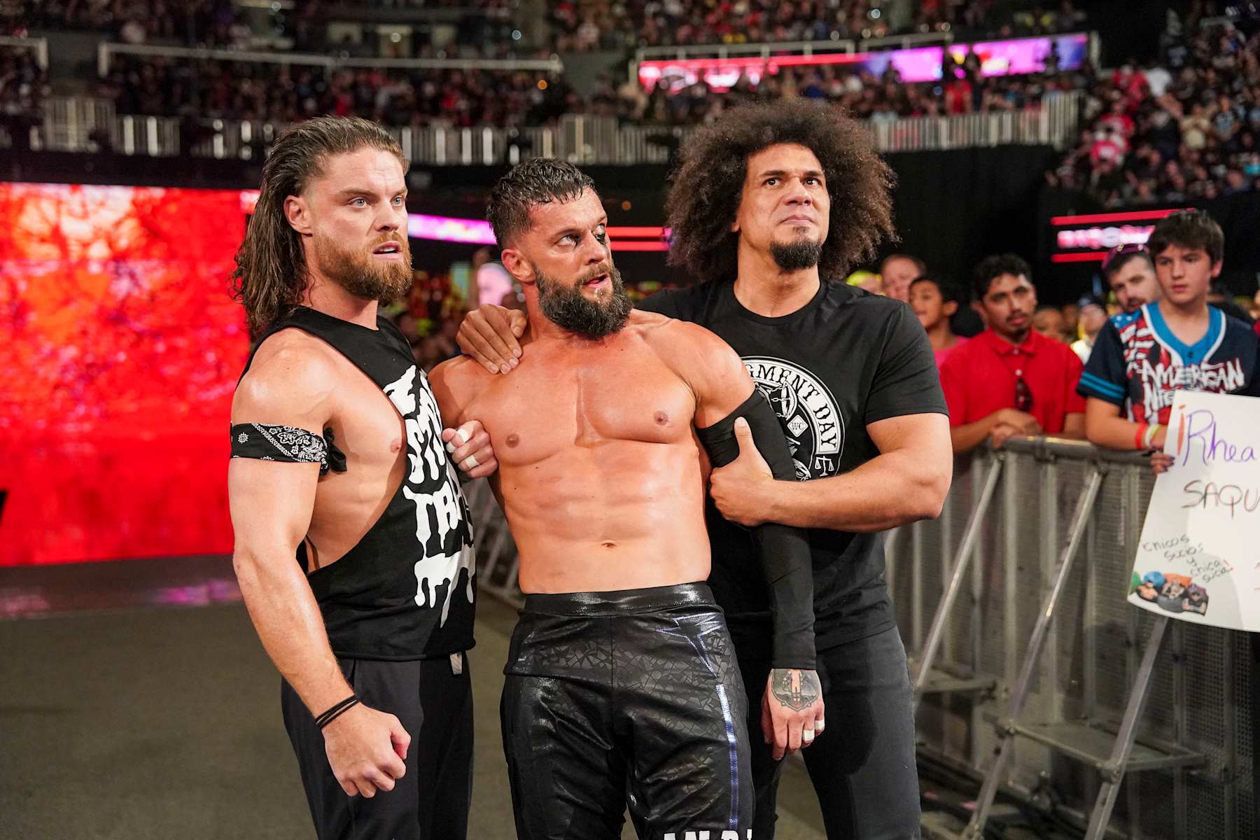 ATLANTA, GEORGIA - OCTOBER 5: JD Mcdonagh, Finn Balor and Carlito take in defeat on the entrance ramp during Bad Blood at State Farm Arena on October 5, 2024 in Atlanta, Georgia. (Photo by WWE/Getty Images)