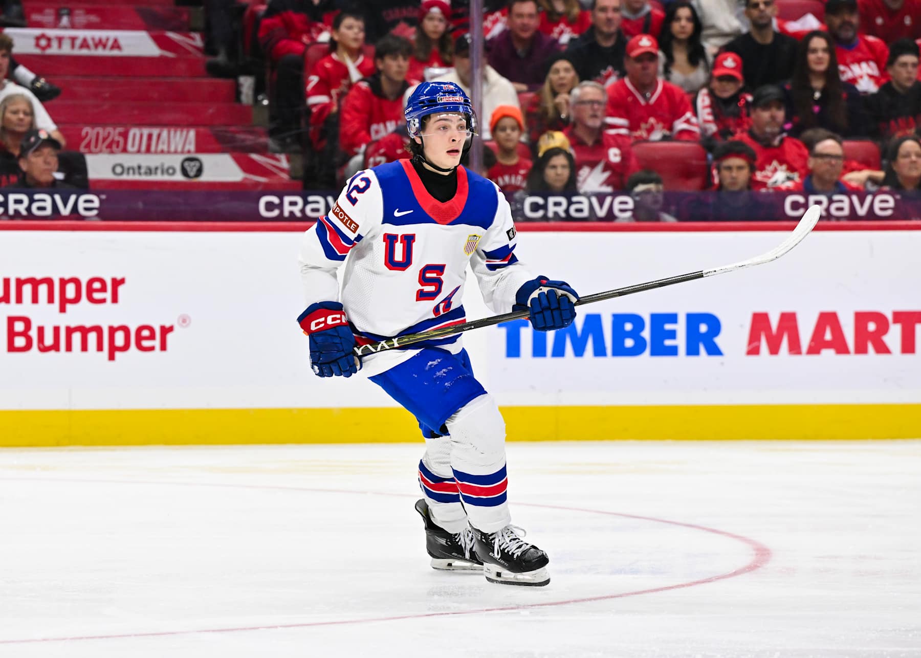 Boston College center James Hagens playing for Team USA at the 2025 World Junior Championship.