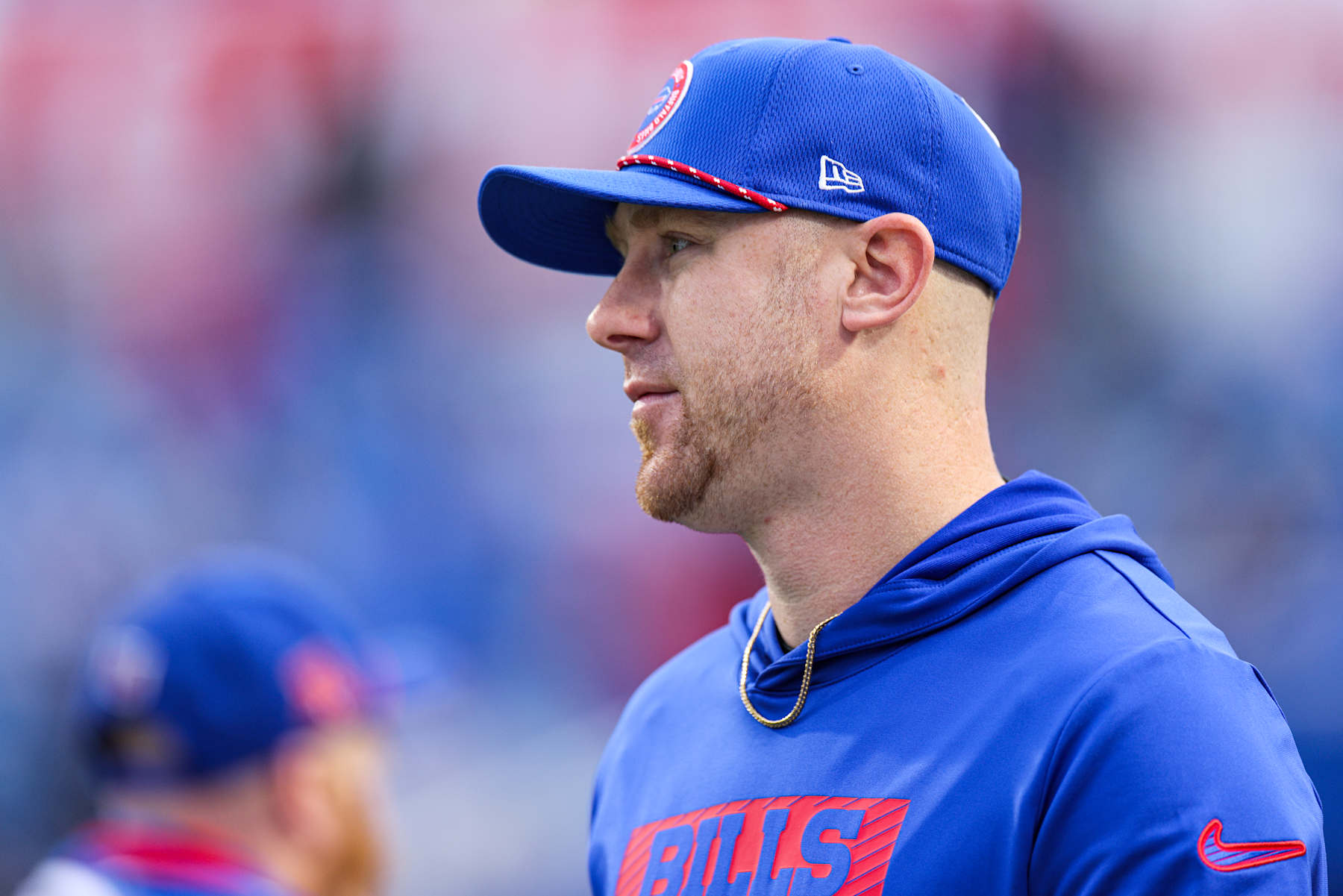 ORCHARD PARK, NEW YORK - DECEMBER 29: Offensive Coordinator Joe Brady of the Buffalo Bills looks on prior to a game against the New York Jets at Highmark Stadium on December 29, 2024 in Orchard Park, New York. (Photo by Bryan Bennett/Getty Images)