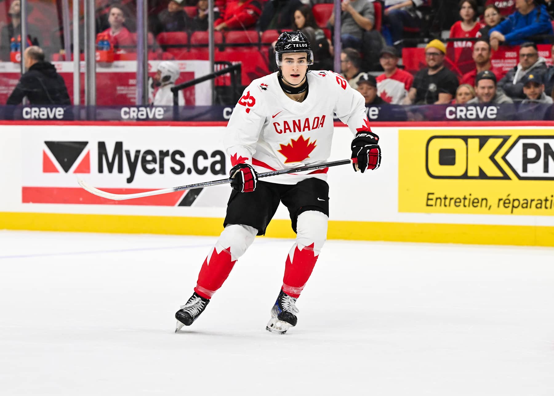 OTTAWA, CANADA - JANUARY 02: Porter Martone #22 of Team Canada skates in the first period against Team Czechia of the quarterfinals match during the 2025 IIHF World Junior Championship at Canadian Tire Centre on January 2, 2025 in Ottawa, Ontario, Canada. Team Czechia defeated Team Canada 4-3. (Photo by Minas Panagiotakis/Getty Images)