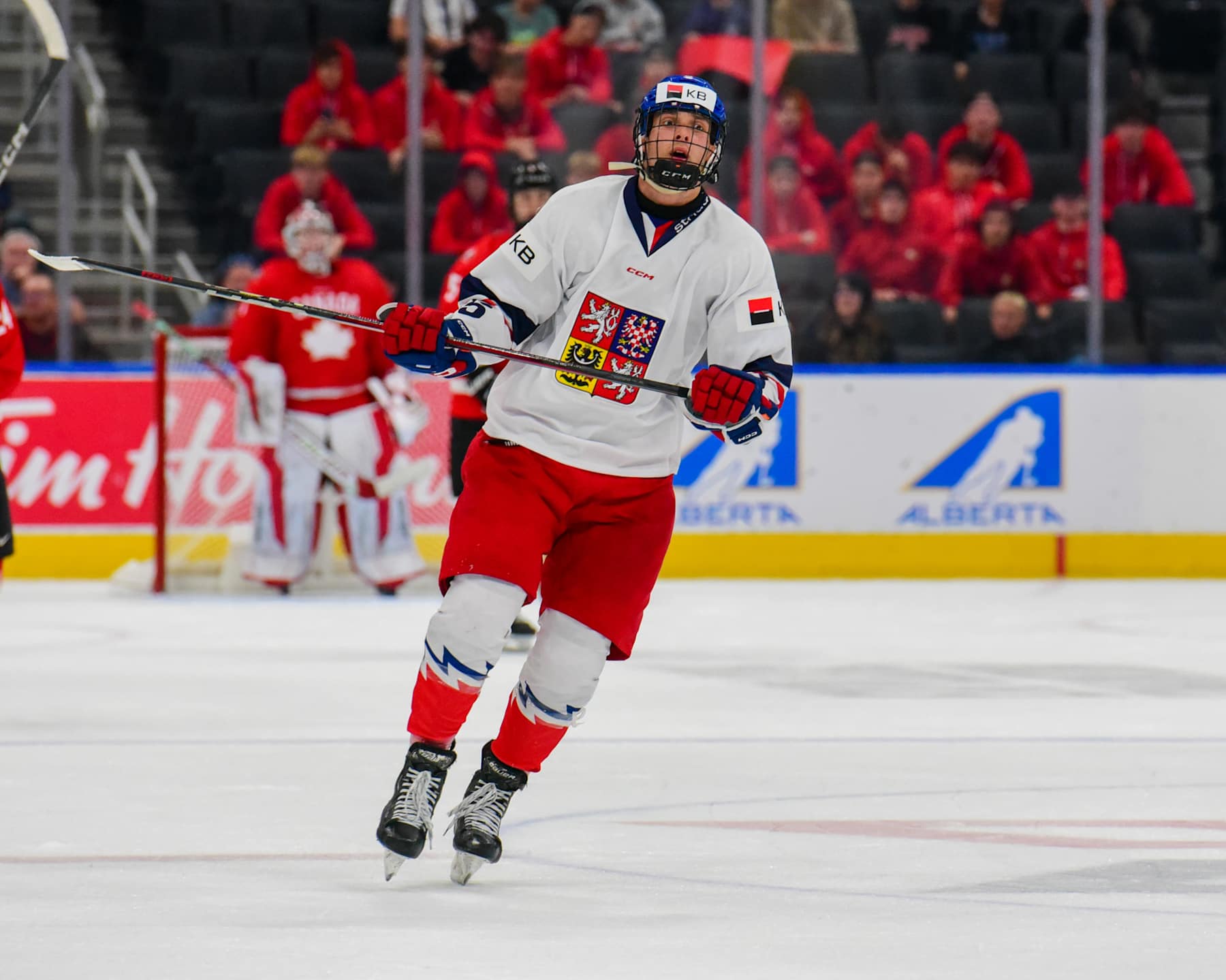 EDMONTON, CANADA AUGUST 10: Radim Mrtka #5 of Team Czechia in action against Team Canada during the Gold Medal Game of the 2024 Hlinka Gretzky Cup at Rogers Place on August 10, 2024, in Edmonton, Alberta, Canada. (Photo by Leila Devlin/Getty Images)