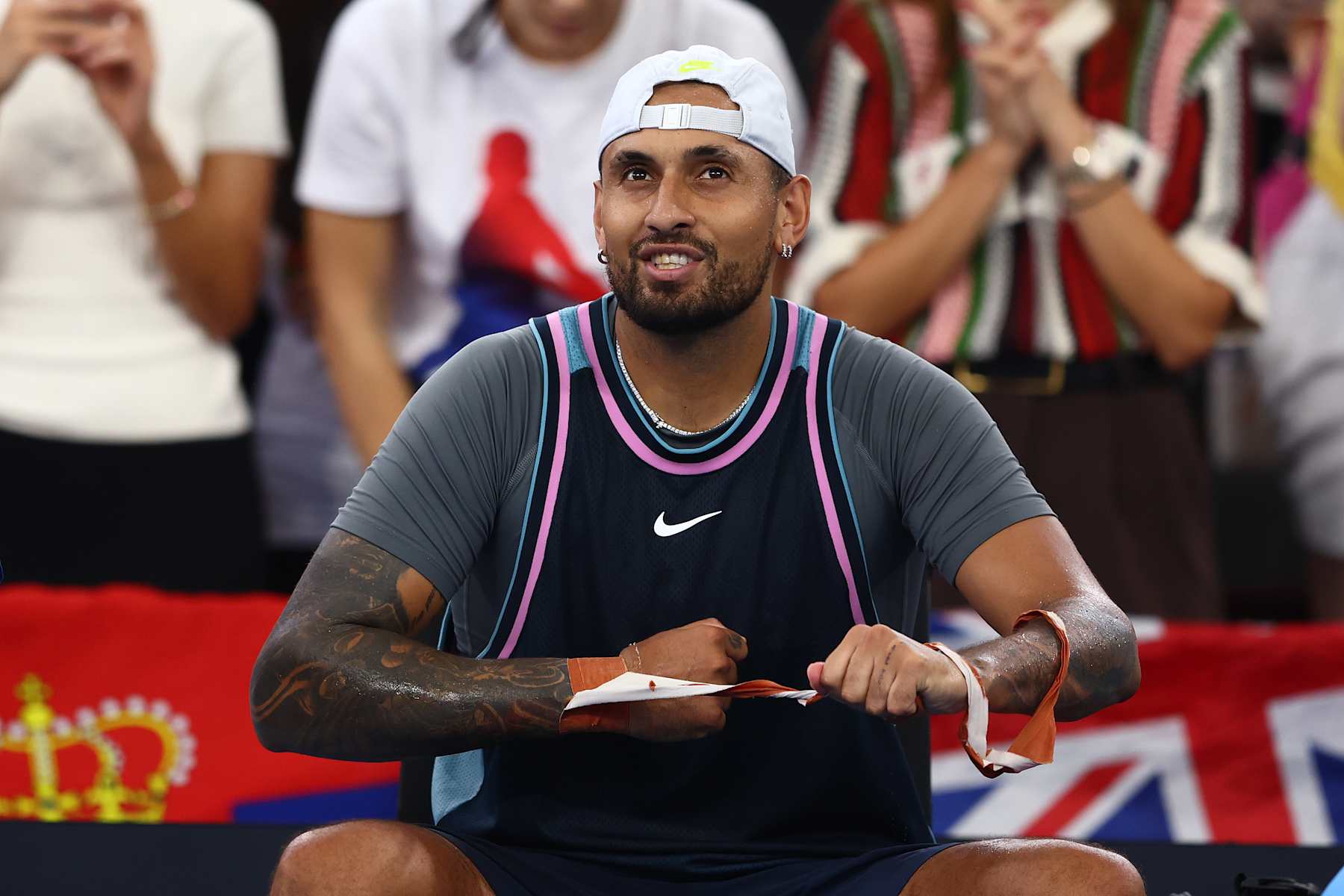 BRISBANE, AUSTRALIA - JANUARY 01: Nick Kyrgios looks on in the Men's Doubles match partnered with Novak Djokovic against Michael Venus and Nikola Mektic during day four of the 2025 Brisbane International at Pat Rafter Arena on January 01, 2025 in Brisbane, Australia. (Photo by Chris Hyde/Getty Images)