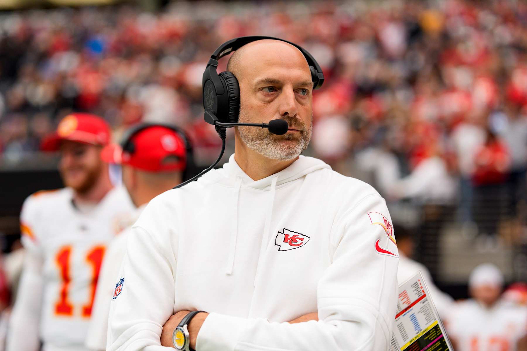LAS VEGAS, NEVADA - OCTOBER 27: Offensive coordinator Matt Nagy of the Kansas City Chiefs stands on the sidelines wearing Sony headphones prior to an NFL football game against the Las Vegas Raiders, at Allegiant Stadium on October 27, 2024 in Las Vegas, Nevada. (Photo by Brooke Sutton/Getty Images)