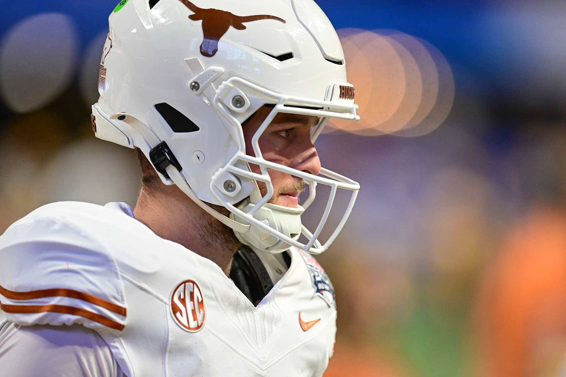 ATLANTA, GEORGIA - JANUARY 1: Quinn Ewers #3 of the Texas Longhorns looks on prior to the game against the Arizona State Sun Devils at Mercedes-Benz Stadium on January 1, 2025 in Atlanta, Georgia. (Photo by Adam Hagy/CFP/Getty Images)