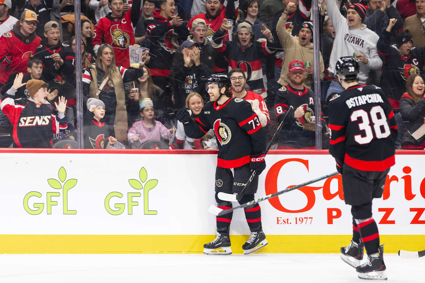OTTAWA, ON - DECEMBER 11: Ottawa Senators Left Wing Noah Gregor (73) celebrates his goal during first period National Hockey League action between the Anaheim Ducks and Ottawa Senators on December 11, 2024, at Canadian Tire Centre in Ottawa, ON, Canada. (Photo by Richard A. Whittaker/Icon Sportswire via Getty Images)