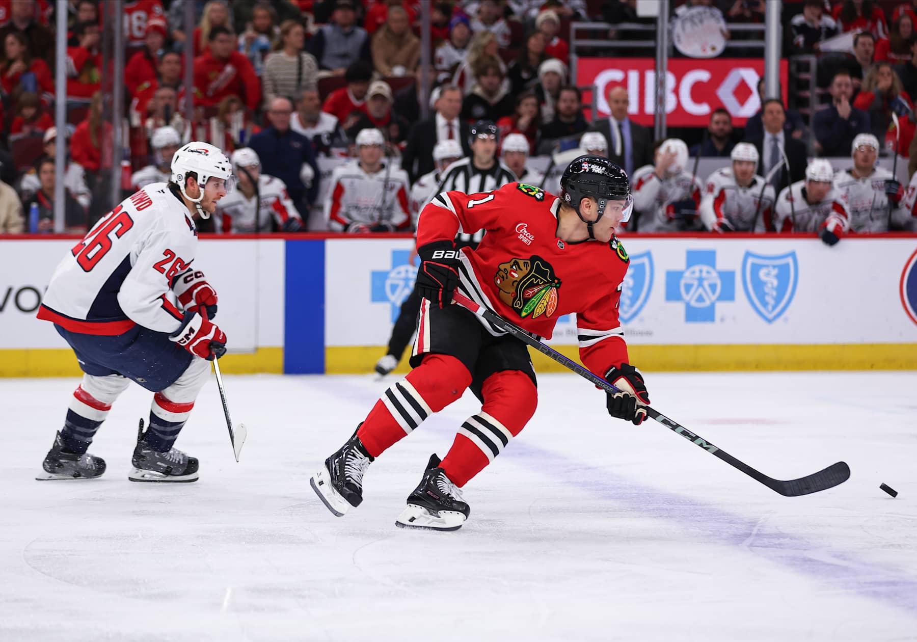 CHICAGO, IL - DECEMBER 17: Taylor Hall #71 of the Chicago Blackhawks brings the puck up ice during the second period against the Washington Capitals on December 17, 2024 at the United Center in Chicago, Illinois. (Photo by Melissa Tamez/Icon Sportswire via Getty Images)