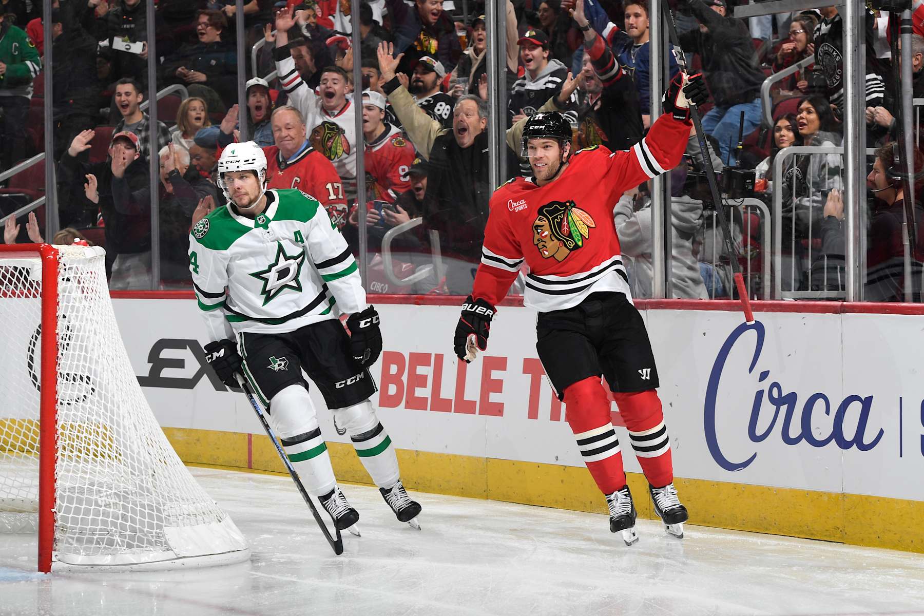 CHICAGO, ILLINOIS - NOVEMBER 27: Taylor Hall #71 of the Chicago Blackhawks reacts after scoring against the Dallas Stars in the first period at the United Center on November 27, 2024 in Chicago, Illinois. (Photo by Bill Smith/NHLI via Getty Images)
