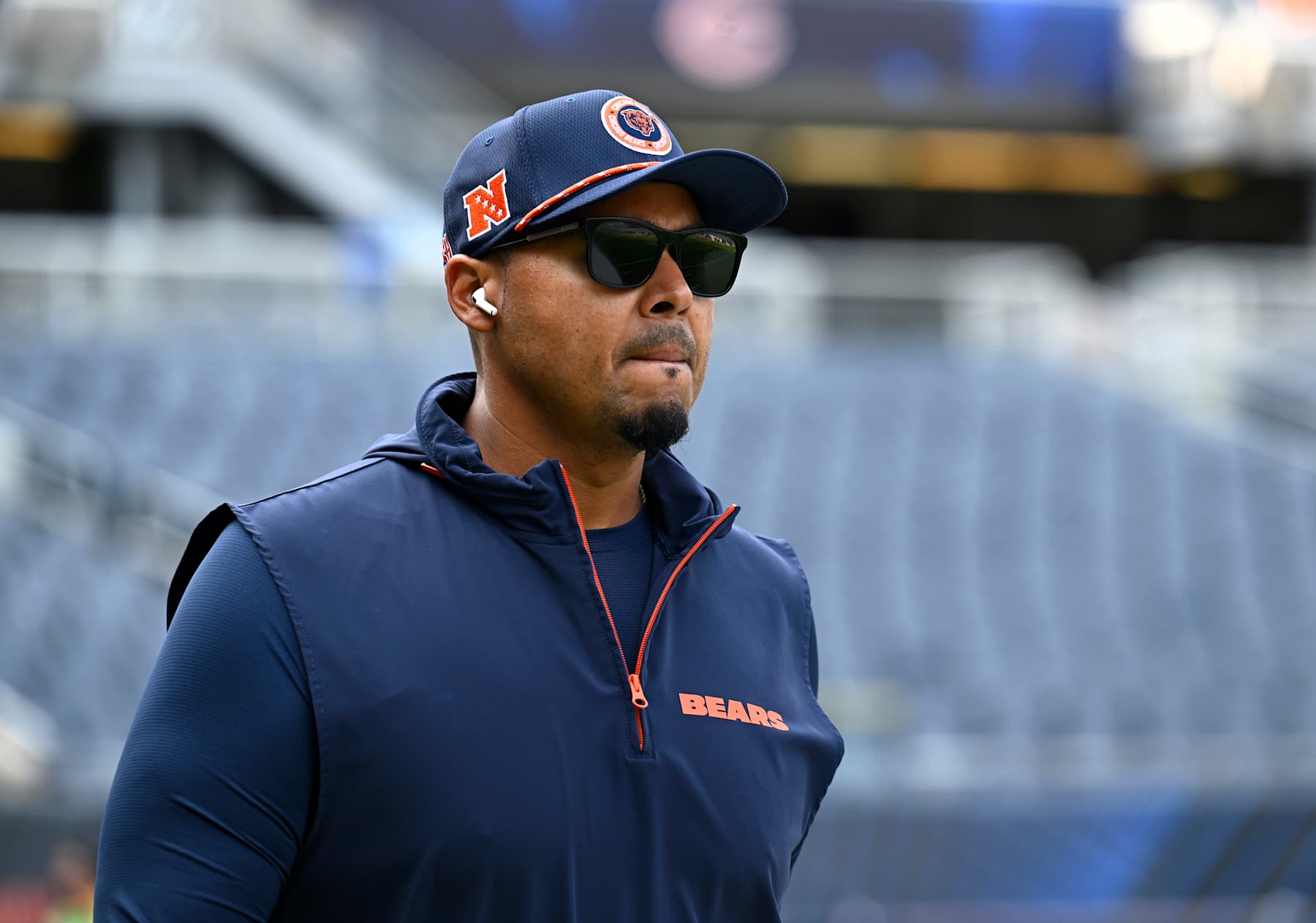 CHICAGO, ILLINOIS - SEPTEMBER 08: General Manager Ryan Poles of the Chicago Bears looks on prior to a game against the Tennessee Titans at Soldier Field on September 08, 2024 in Chicago, Illinois. (Photo by Quinn Harris/Getty Images)